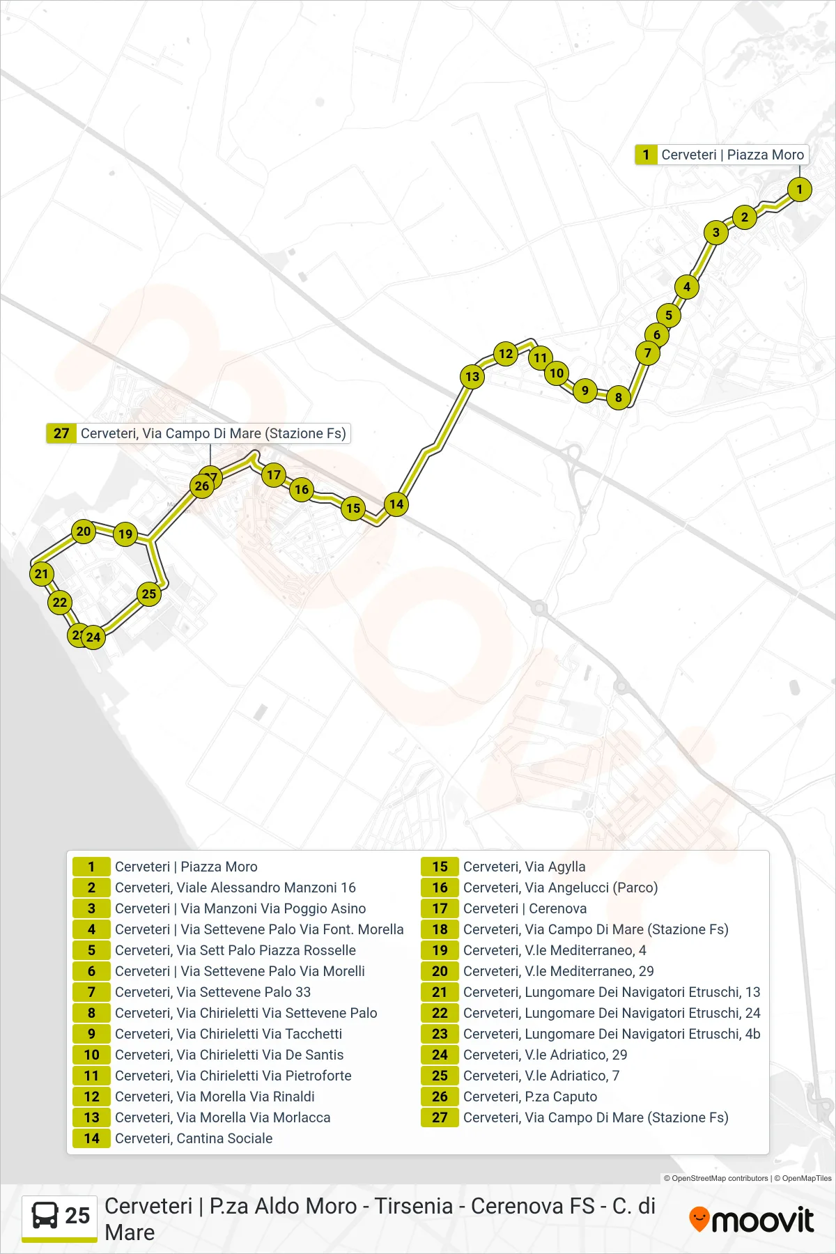Linea 25 bus (Piazza A. Moro - Cerenova F.S) - Percorsi e fermate sulla mappa