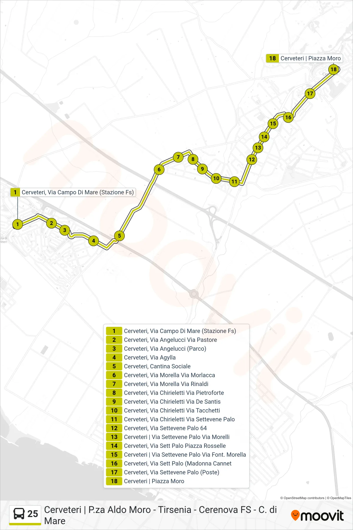 Linea 25 bus (Cerenova FS - Piazza Aldo Moro) - Percorsi e fermate sulla mappa