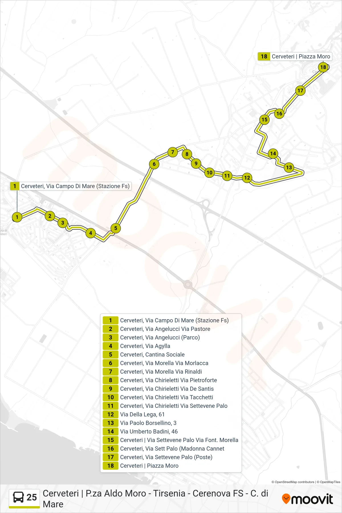 Linea 25  bus (Cerenova FS - Piazza Aldo Moro (Mattei)) - Percorsi e fermate sulla mappa