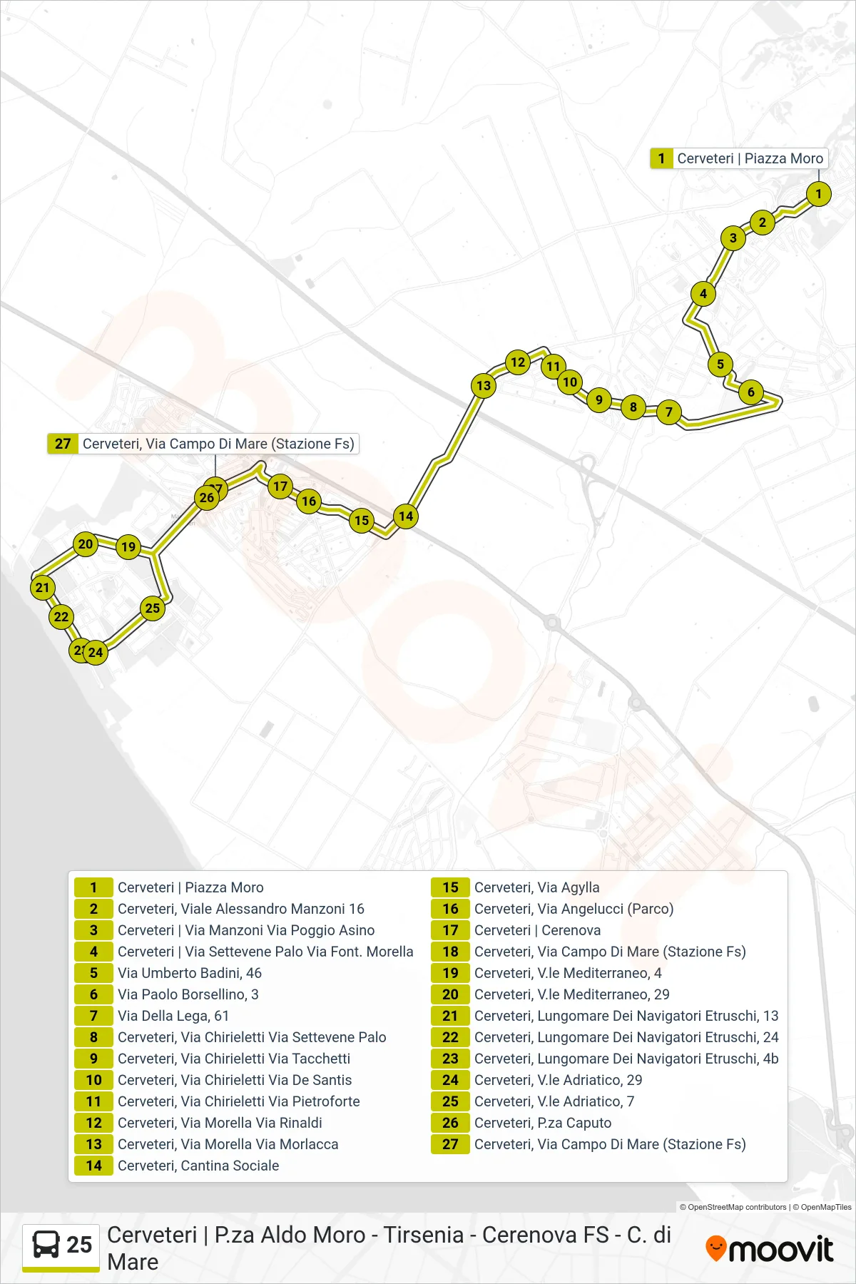 Linea 25  bus (Piazza A. Moro - Cerenova F.S (-> Isis Mattei)) - Percorsi e fermate sulla mappa