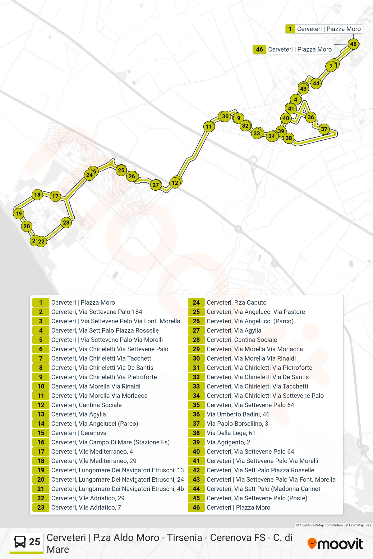 Linea 25 bus (Piazza Aldo Moro - Cerenova - Piazza Aldo Moro (-> Isis Mattei)) - Percorsi e fermate sulla mappa