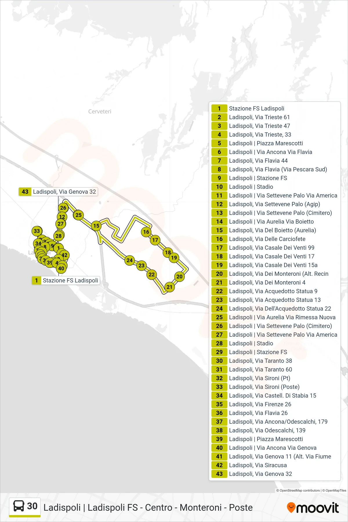 Linea 30 bus (Circolare) - Percorsi e fermate sulla mappa