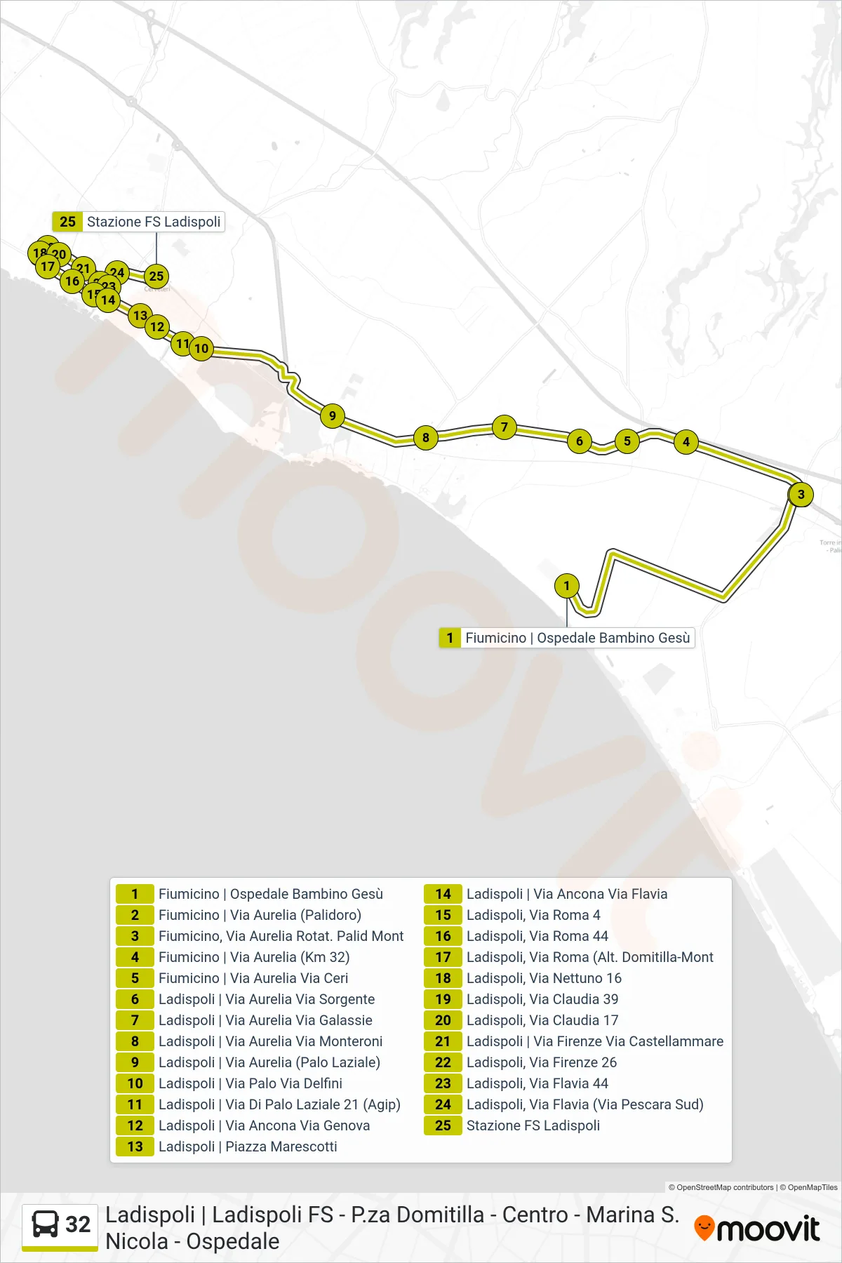 Linea 32 bus (Ospedale Bambin Gesù - Ladispoli FS) - Percorsi e fermate sulla mappa