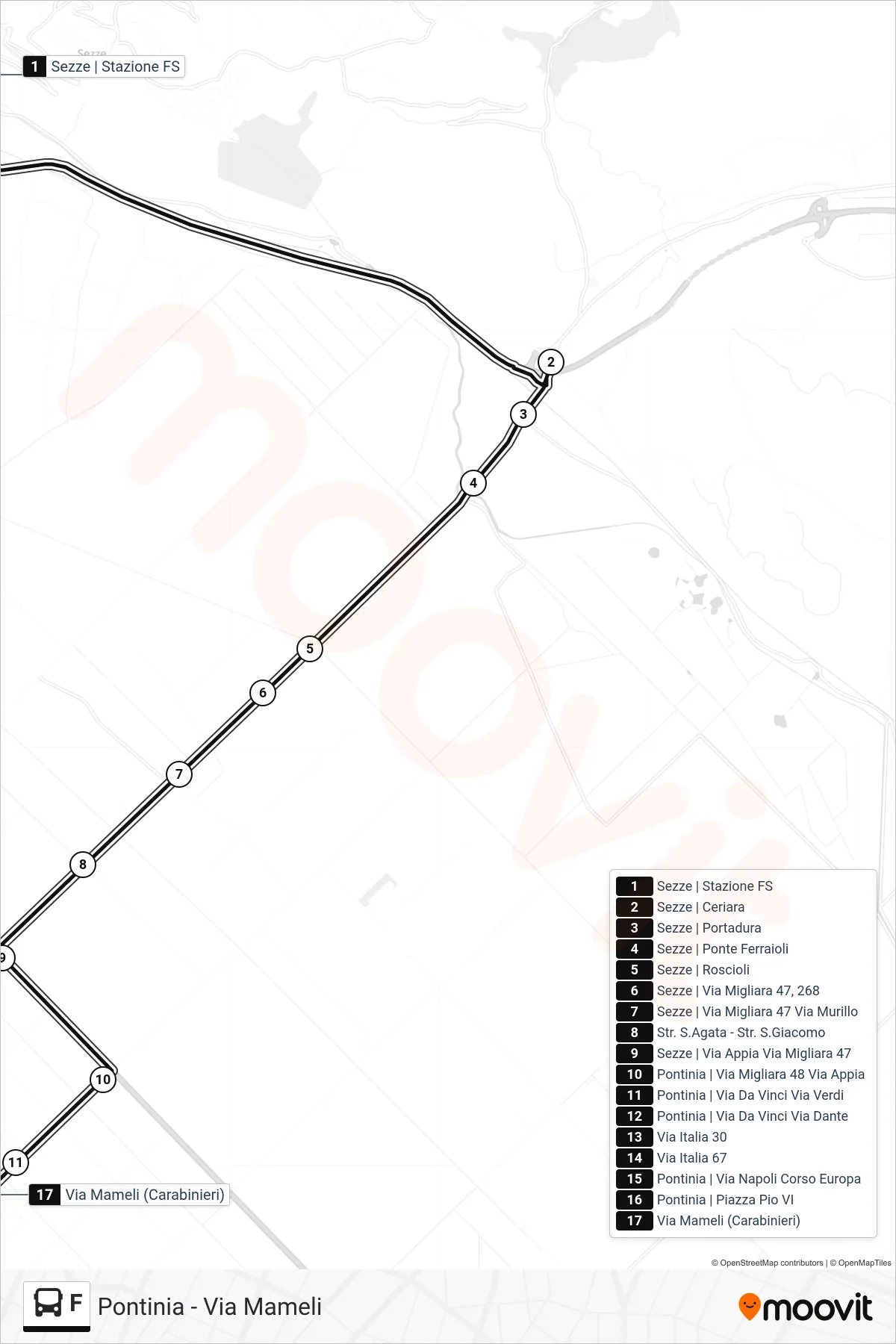 Linea F bus (Pontinia - Via Mameli) - Percorsi e fermate sulla mappa