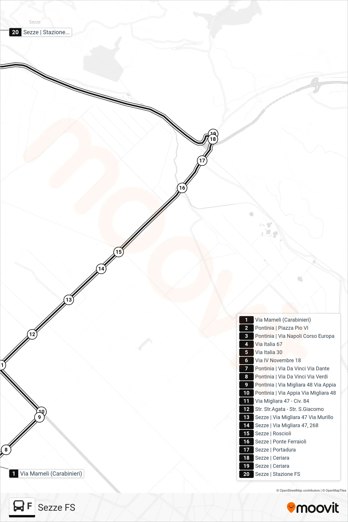 Linea F bus (Sezze FS) - Percorsi e fermate sulla mappa