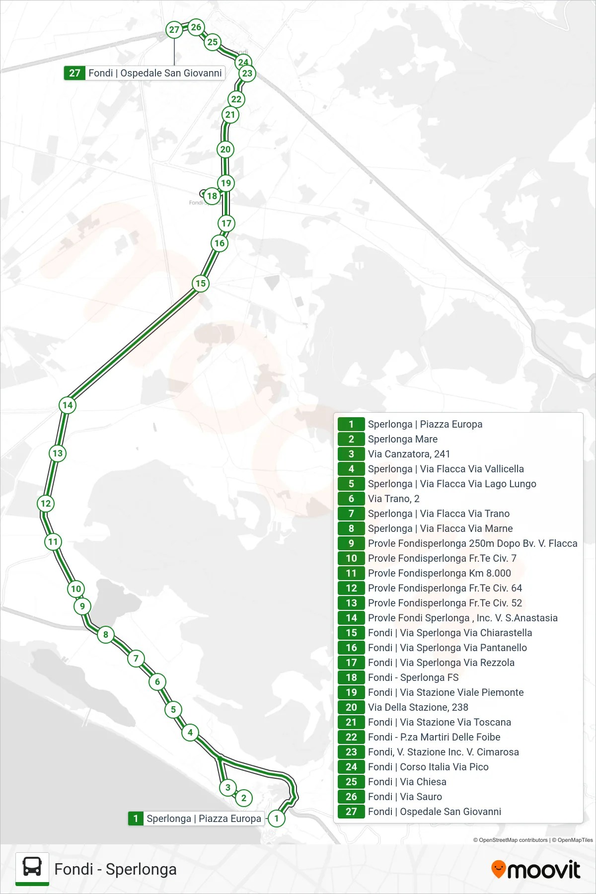 Linea PIAZZOLI bus (Fondi - Via Roma) - Percorsi e fermate sulla mappa