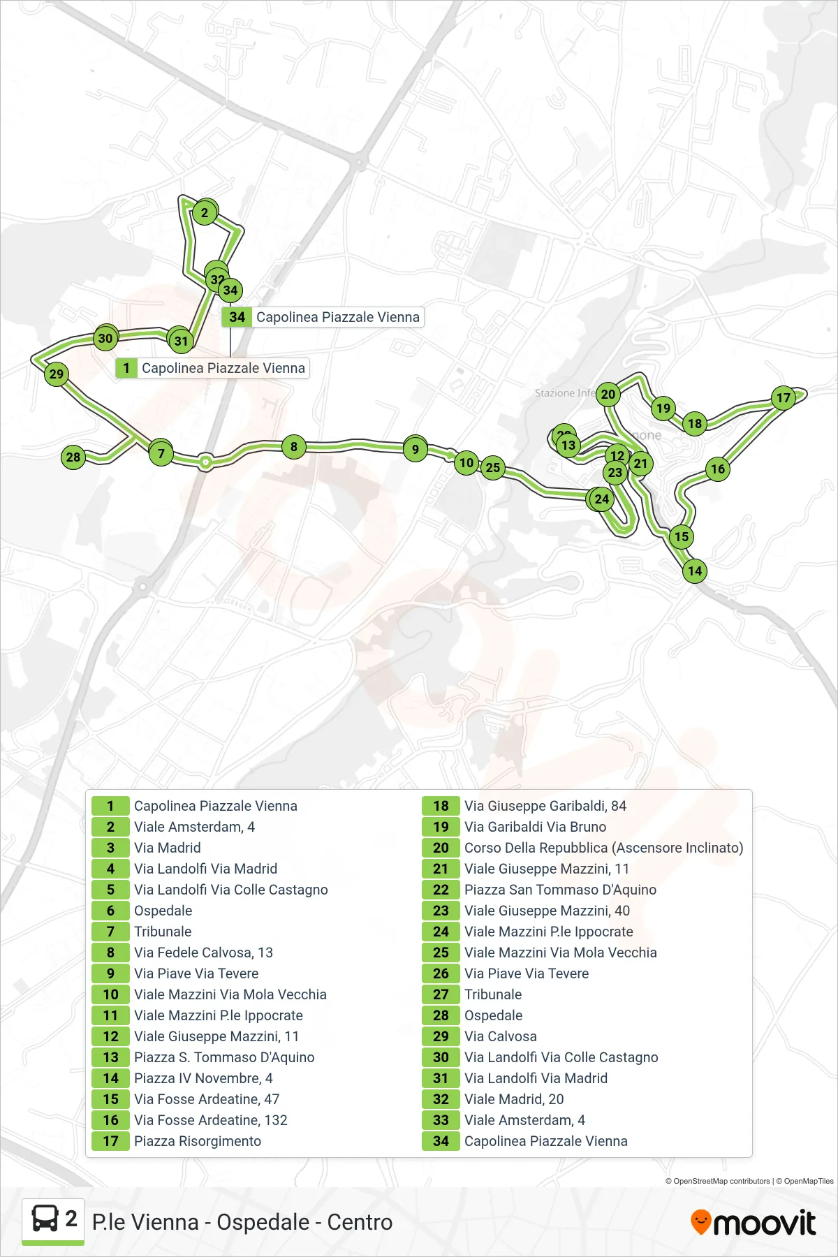 Linea 2 bus (Piazzale Vienna) - Percorsi e fermate sulla mappa