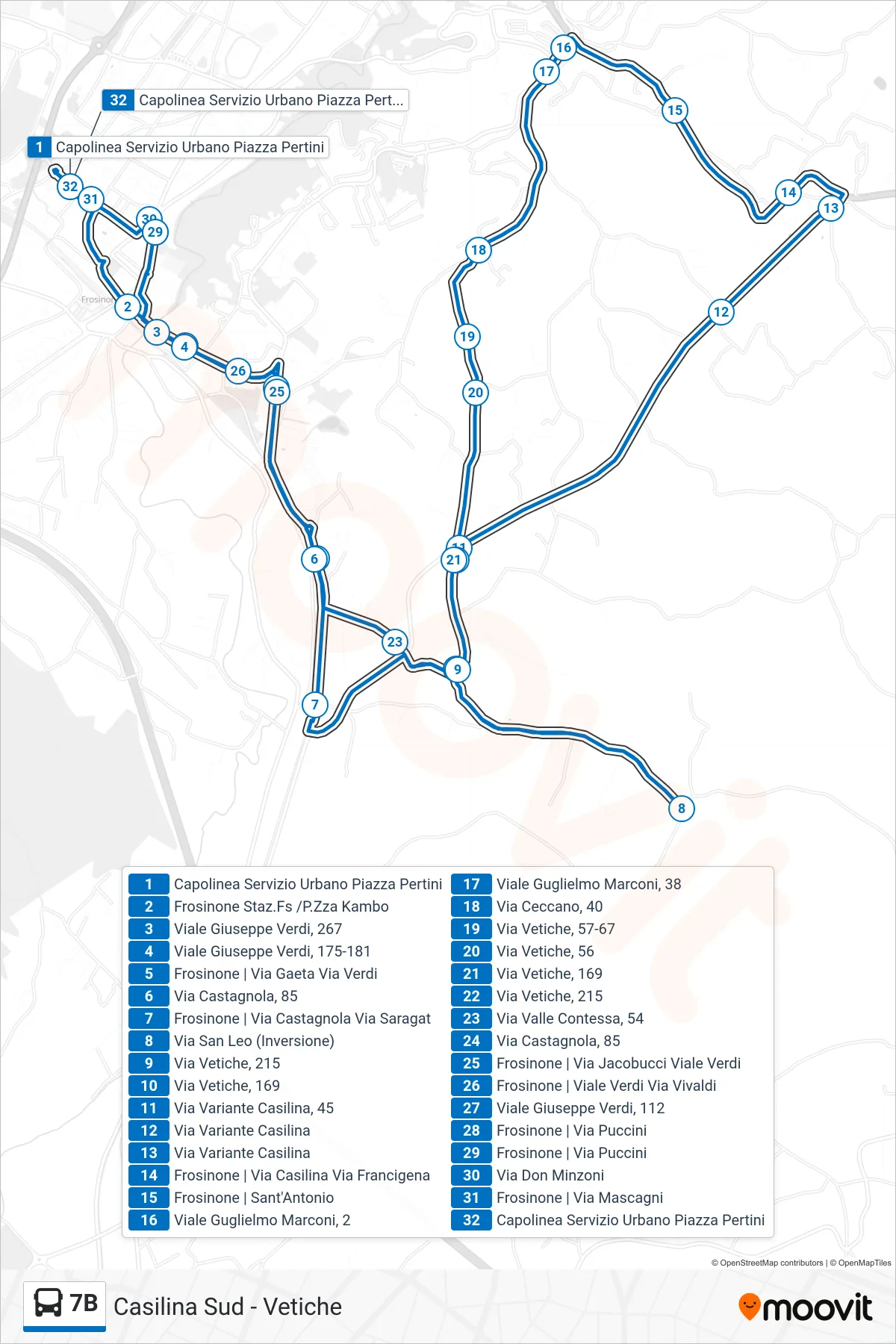 7B bus Line (Pertini Square) route and stops on a map