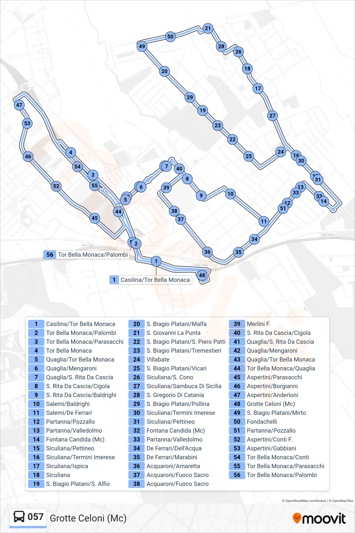 Linea 057 bus (Grotte Celoni (Mc)) - Percorsi e fermate sulla mappa