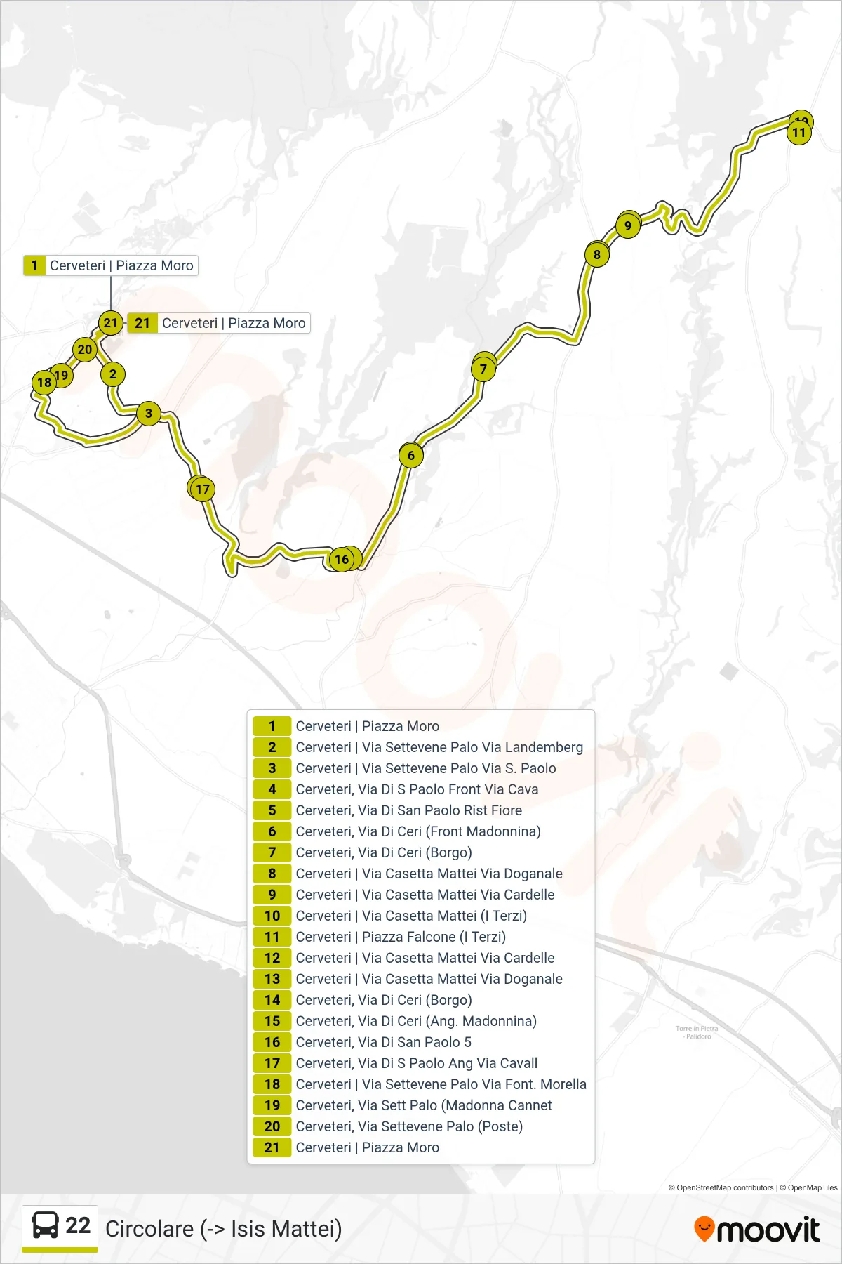 Linea 22 bus (Circolare (-> Isis Mattei)) - Percorsi e fermate sulla mappa