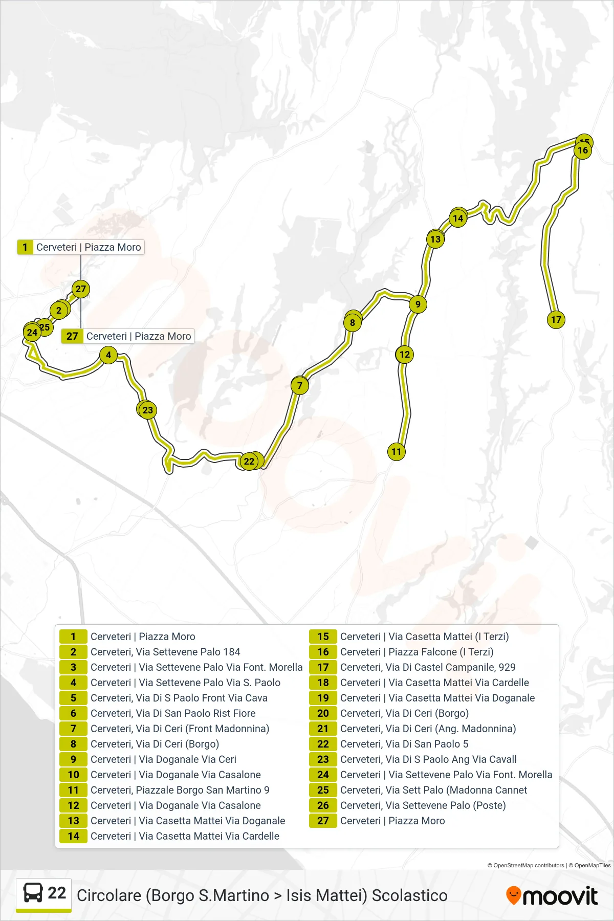 Linea 22 bus (Circolare (Borgo S.Martino > Isis Mattei) Scolastico) - Percorsi e fermate sulla mappa