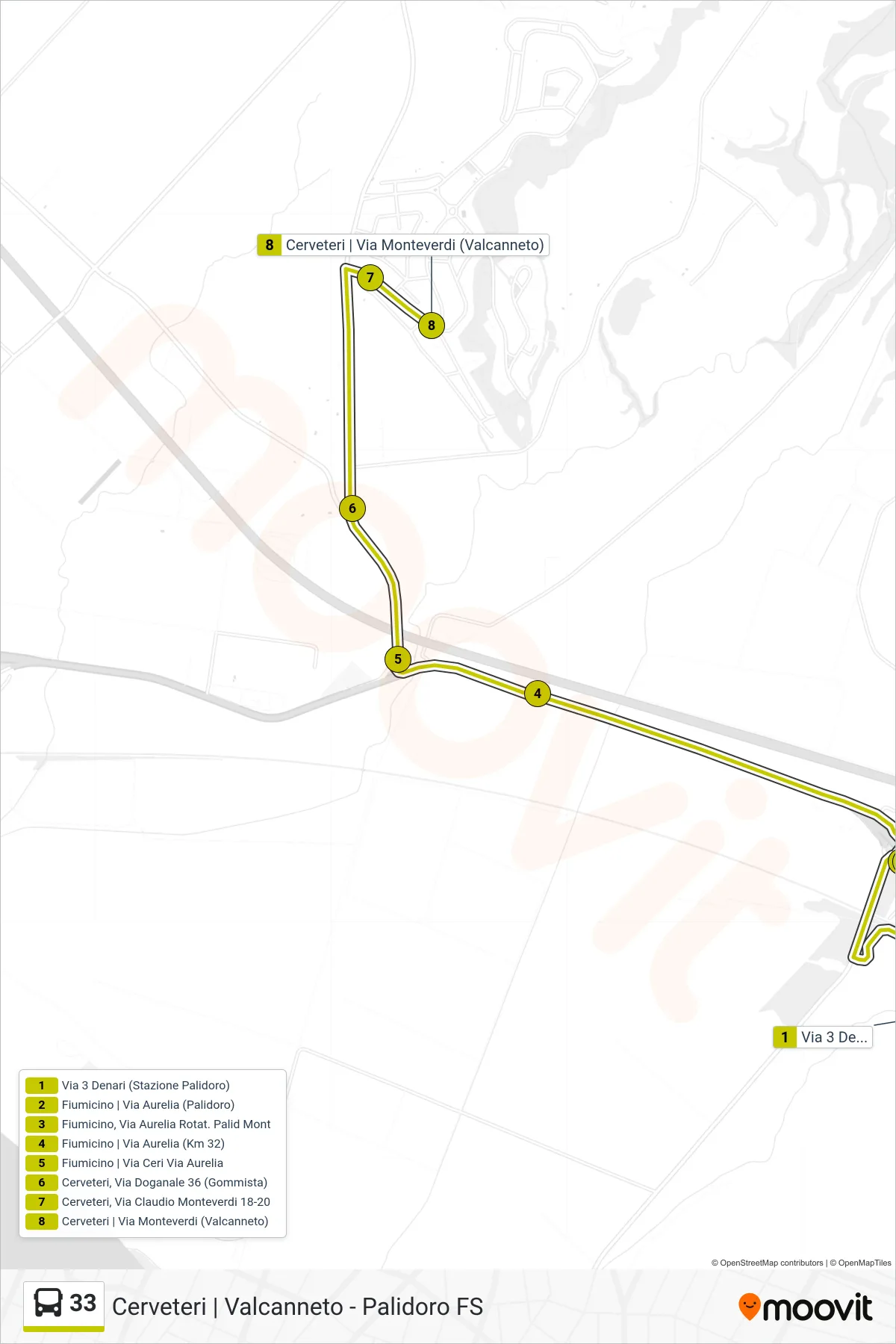 Linea 33 bus (Palidoro FS - Valcanneto) - Percorsi e fermate sulla mappa
