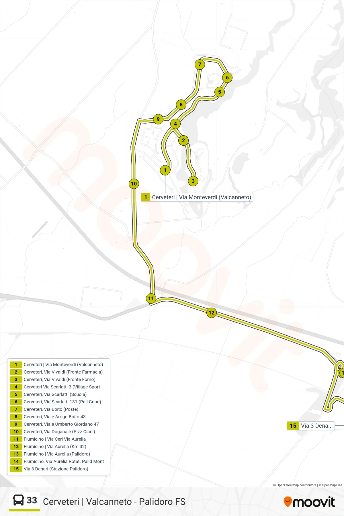 Linea 33 bus (Valcanneto - Palidoro FS) - Percorsi e fermate sulla mappa