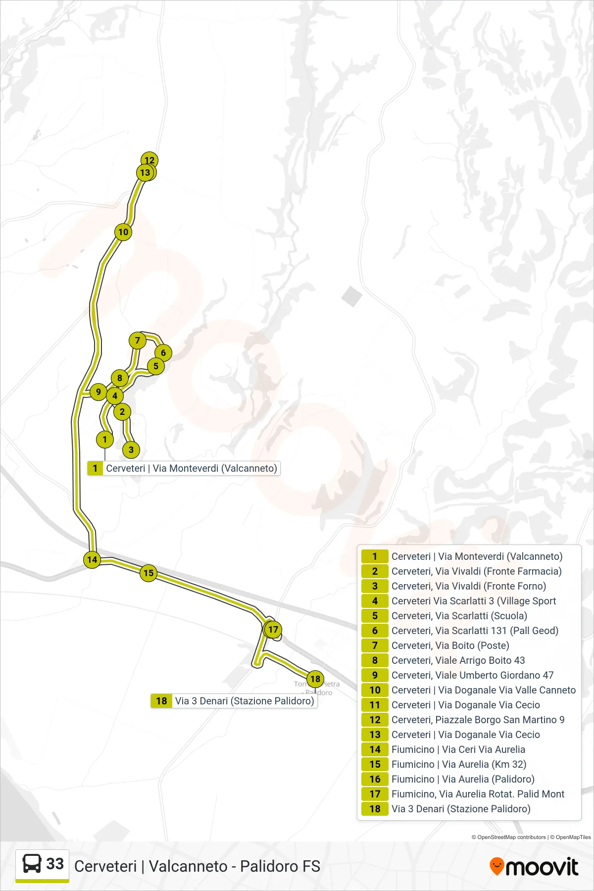 Linea 33 bus (Valcanneto - Palidoro FS (-> Borgo S. Martino) Scolastico) - Percorsi e fermate sulla mappa