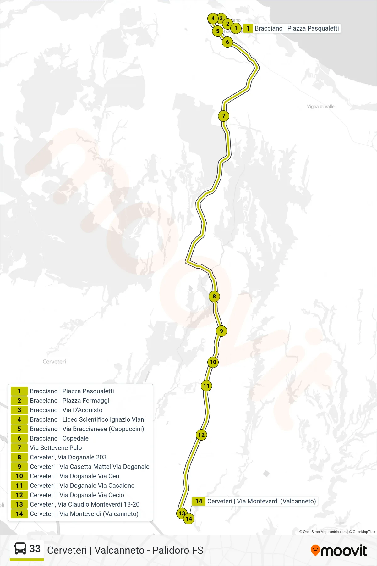 33 bus Line (Bracciano - Valcanneto) route and stops on a map