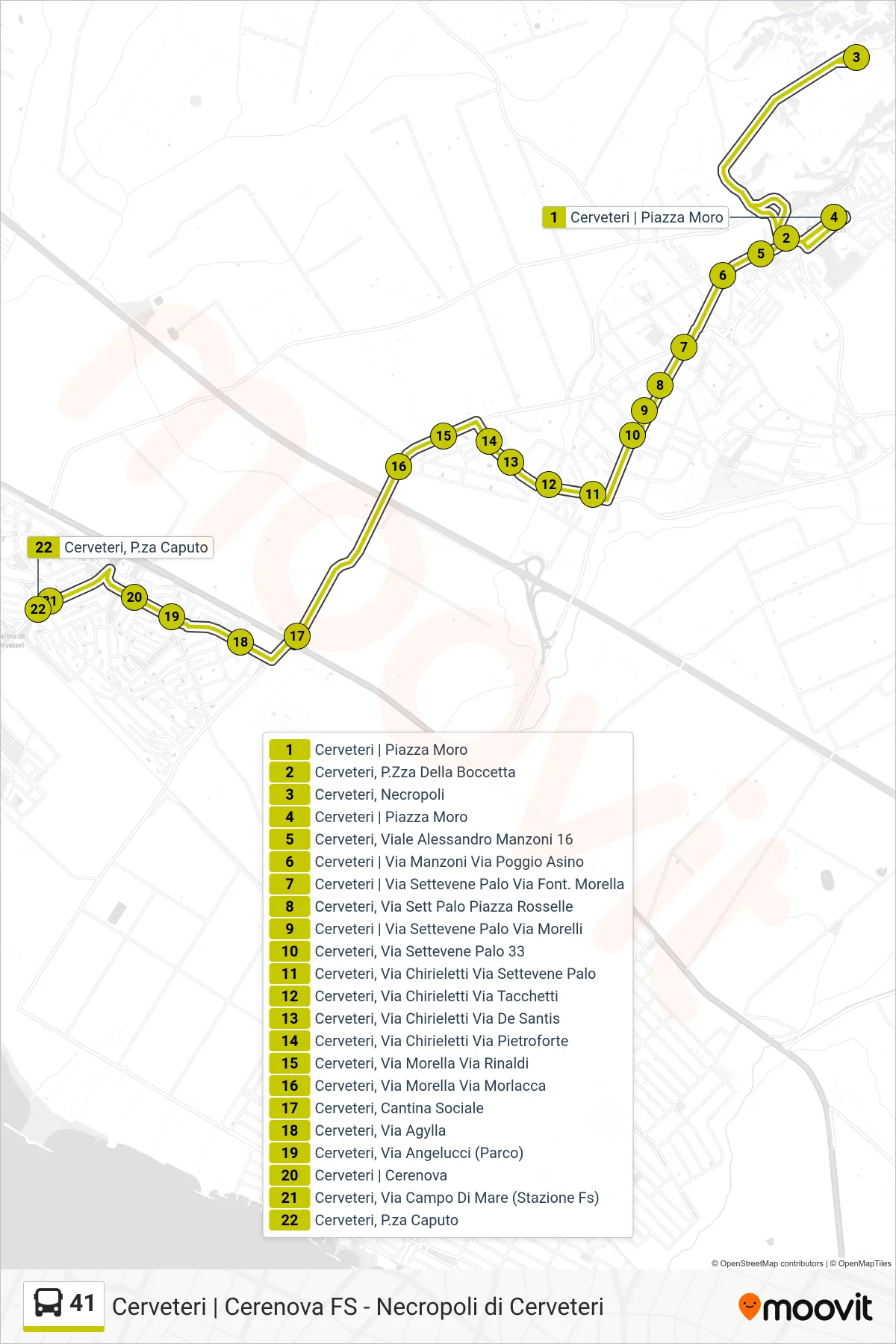 41 bus Line (Aldo Moro Square - Cerenova Station) route and stops on a map