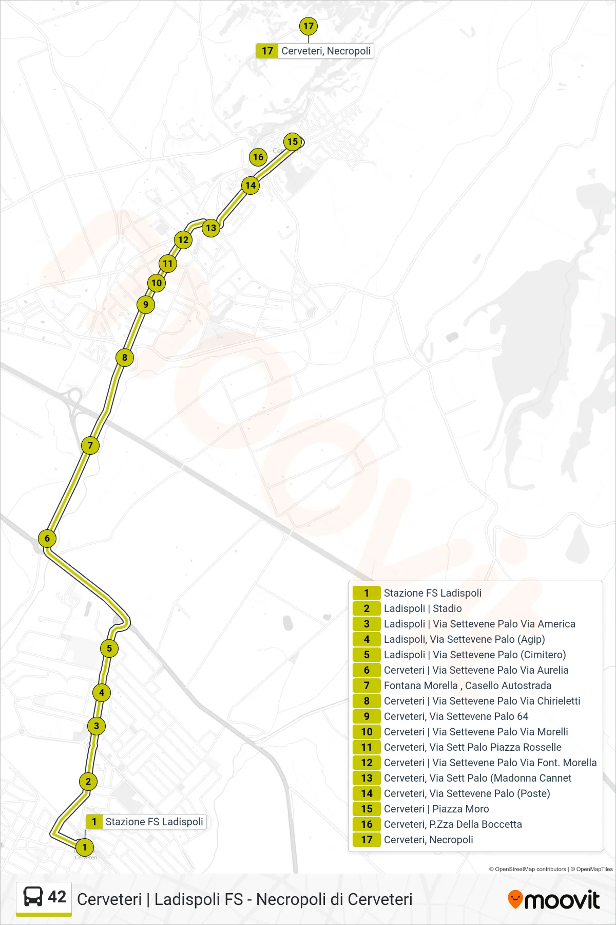 Linea 42 bus (Ladispoli - P.za Aldo Moro) - Percorsi e fermate sulla mappa