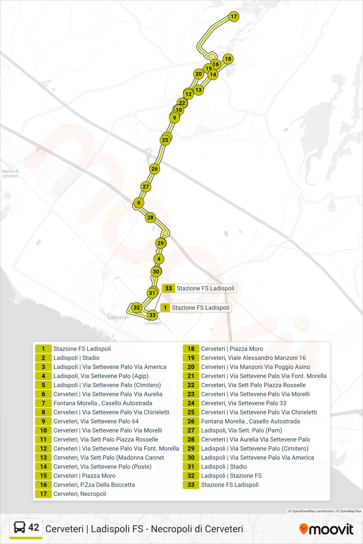 42 bus Line (Ladispoli Station (Circular)) route and stops on a map