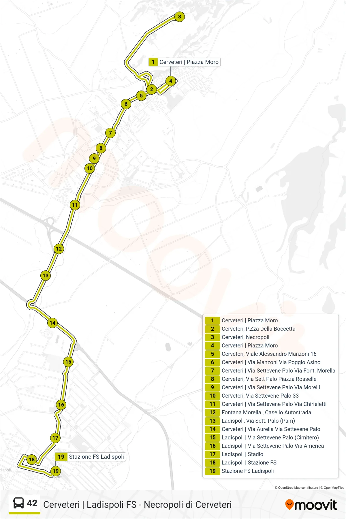 42 bus Line (Aldo Moro Square - Ladispoli Station) route and stops on a map