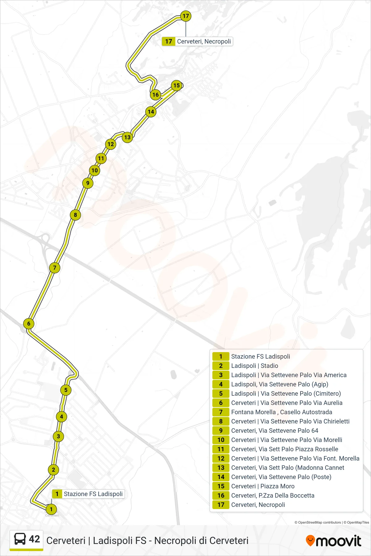 Linea 42 bus (Ladispoli - Necropoli) - Percorsi e fermate sulla mappa