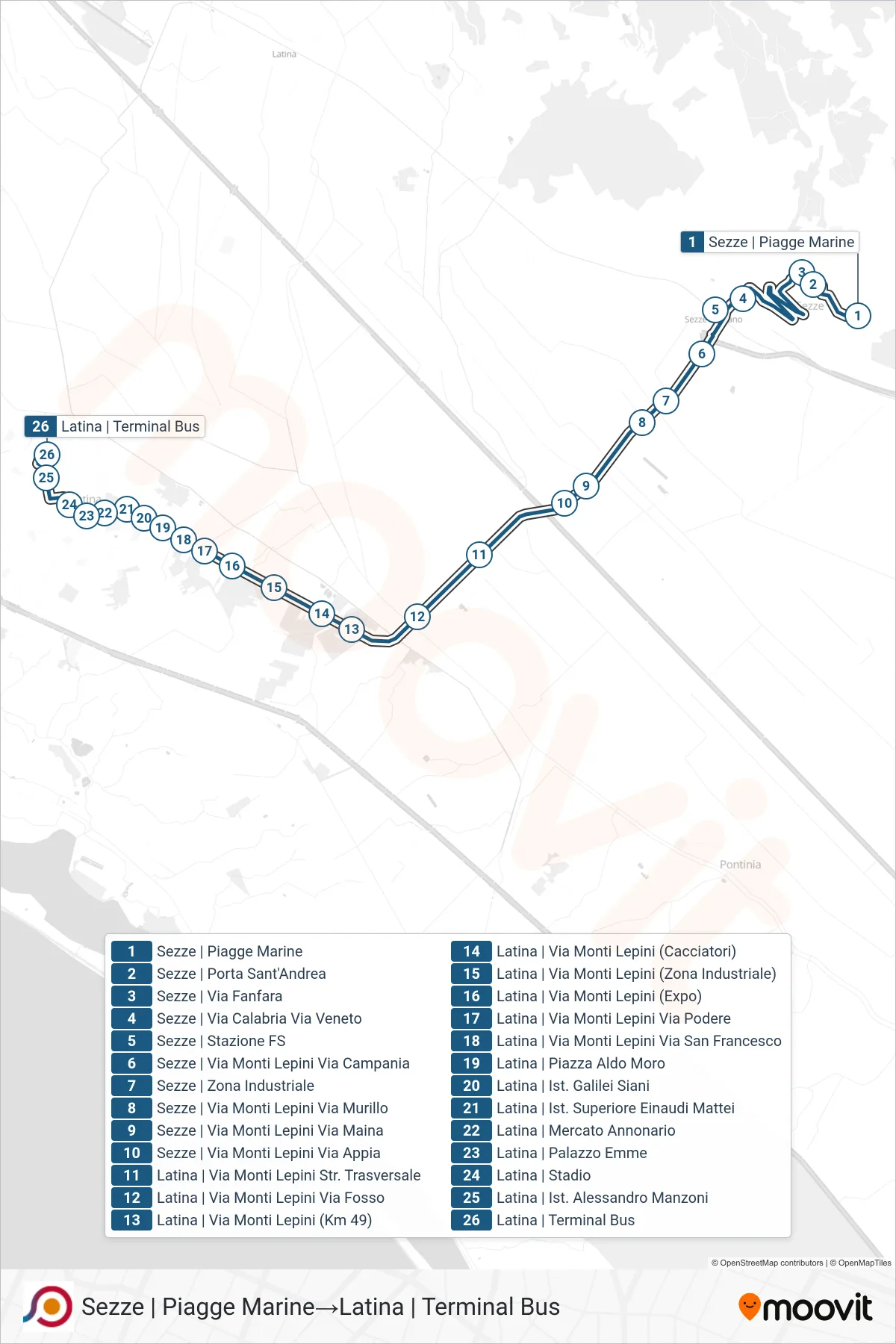 Linea COTRAL bus (Sezze | Piagge Marine→Latina | Terminal Bus) - Percorsi e fermate sulla mappa