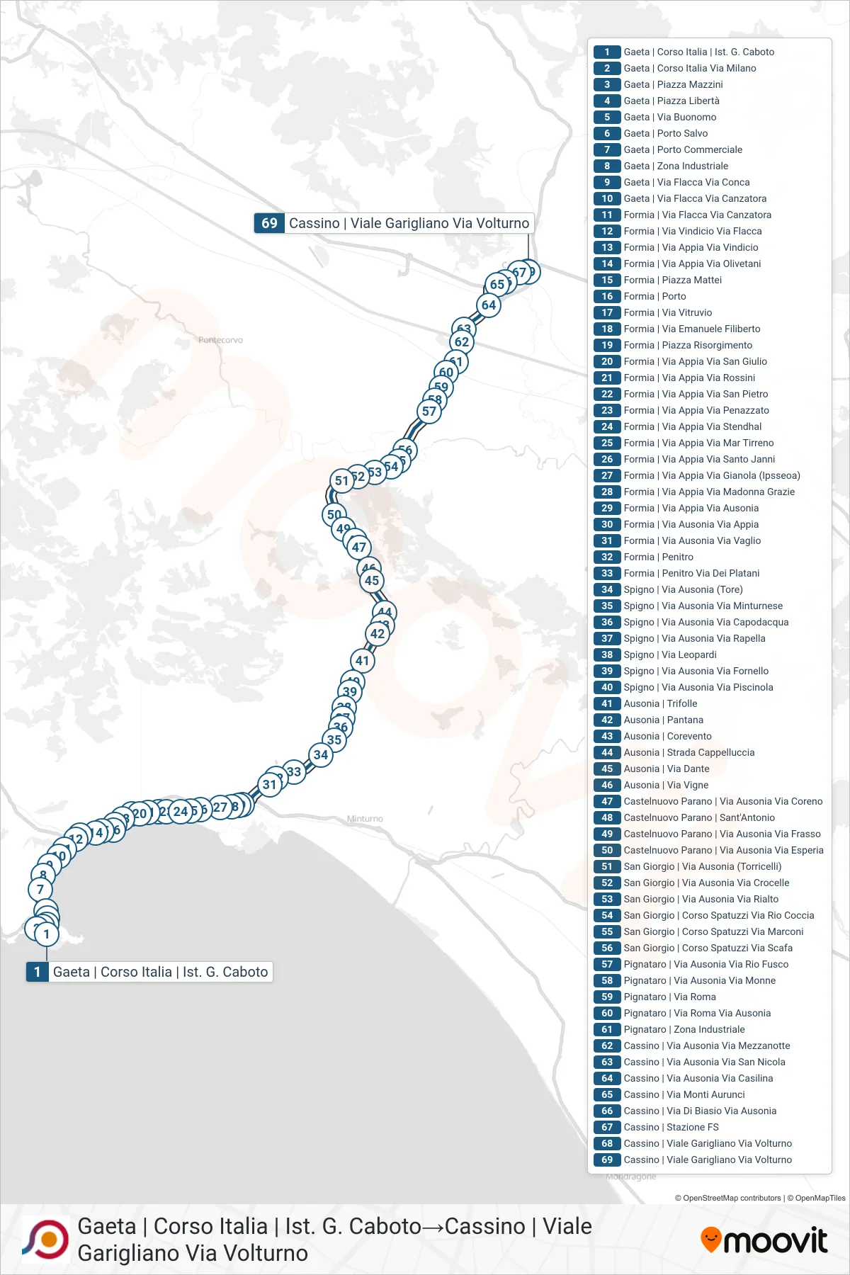 Linea COTRAL bus (Gaeta | Corso Italia | Ist. G. Caboto→Cassino | Viale Garigliano Via Volturno) - Percorsi e fermate sulla mappa