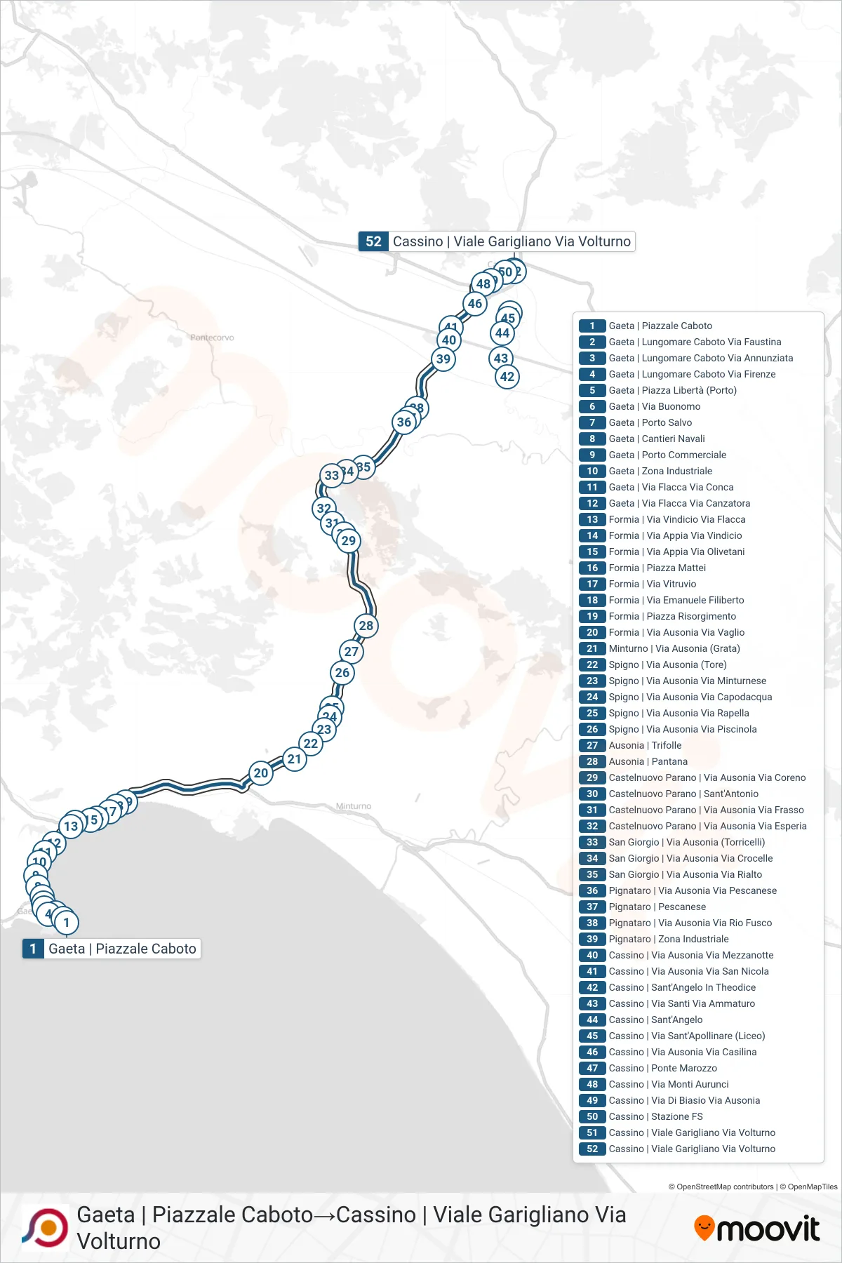 Linea COTRAL bus (Gaeta | Piazzale Caboto→Cassino | Viale Garigliano Via Volturno) - Percorsi e fermate sulla mappa
