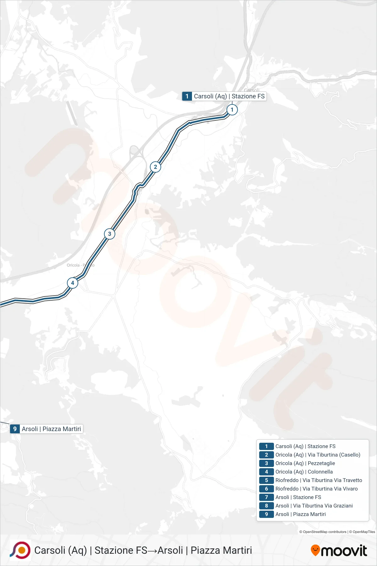 Linea COTRAL bus (Carsoli (Aq) | Stazione FS→Arsoli | Piazza Martiri) - Percorsi e fermate sulla mappa