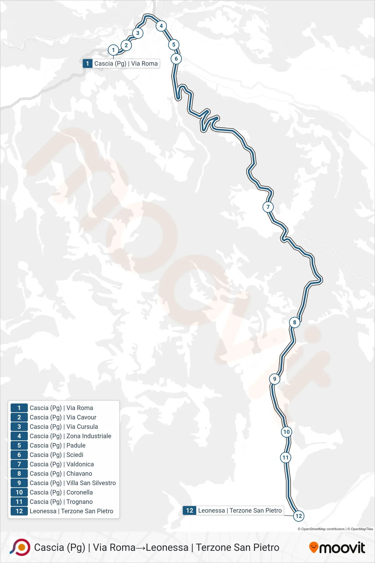 Linea COTRAL bus (Cascia (Pg) | Via Roma→Leonessa | Terzone San Pietro) - Percorsi e fermate sulla mappa