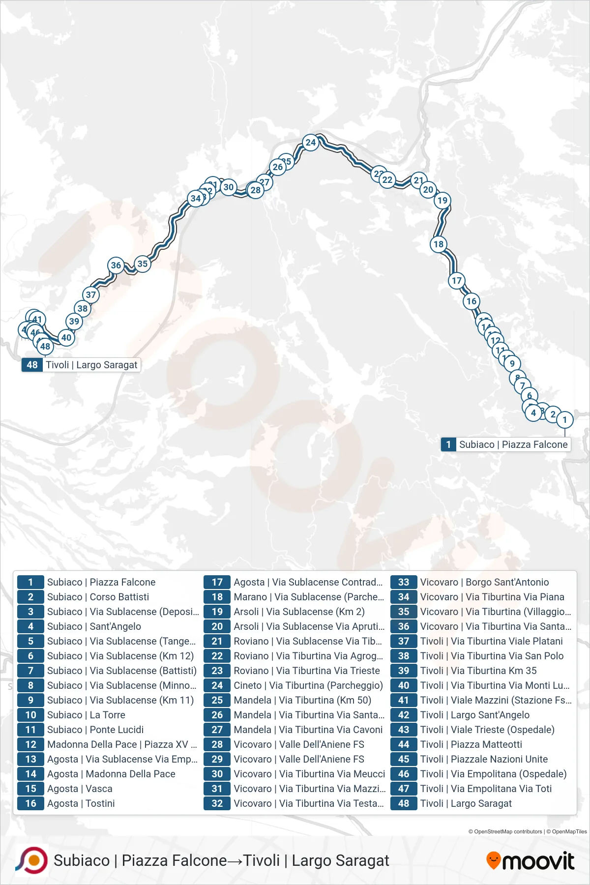 Linea COTRAL bus (Subiaco | Piazza Falcone→Tivoli | Largo Saragat) - Percorsi e fermate sulla mappa
