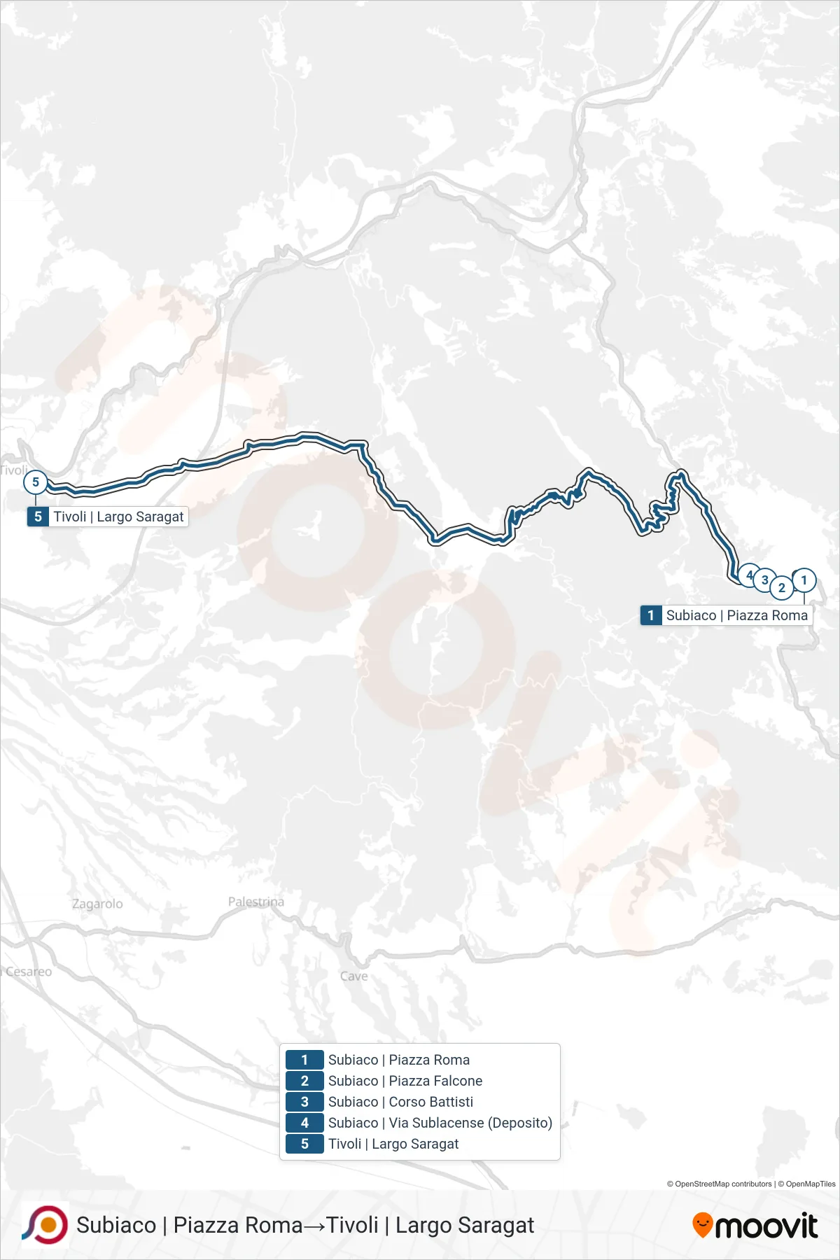Linea COTRAL bus (Subiaco | Piazza Roma→Tivoli | Largo Saragat) - Percorsi e fermate sulla mappa