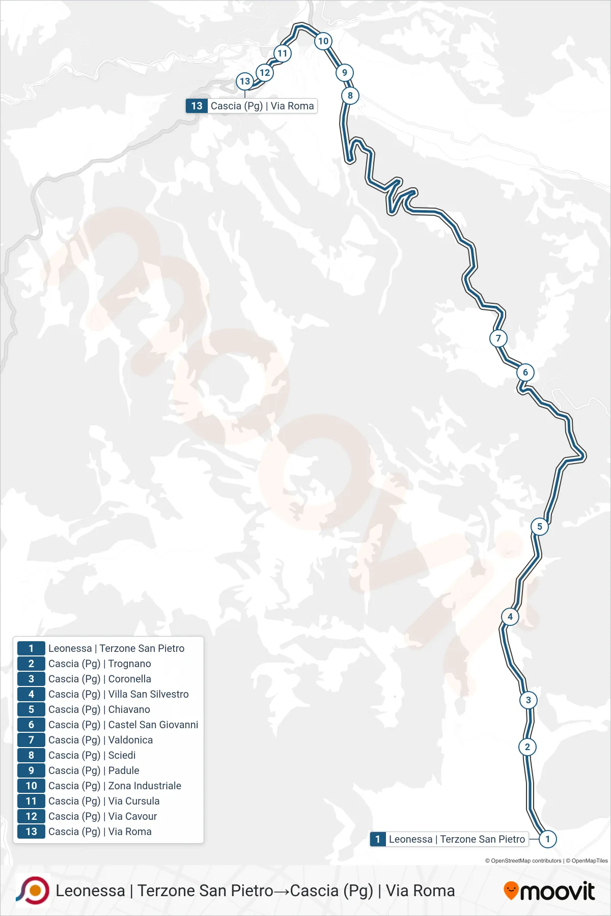 Linea COTRAL bus (Leonessa | Terzone San Pietro→Cascia (Pg) | Via Roma) - Percorsi e fermate sulla mappa