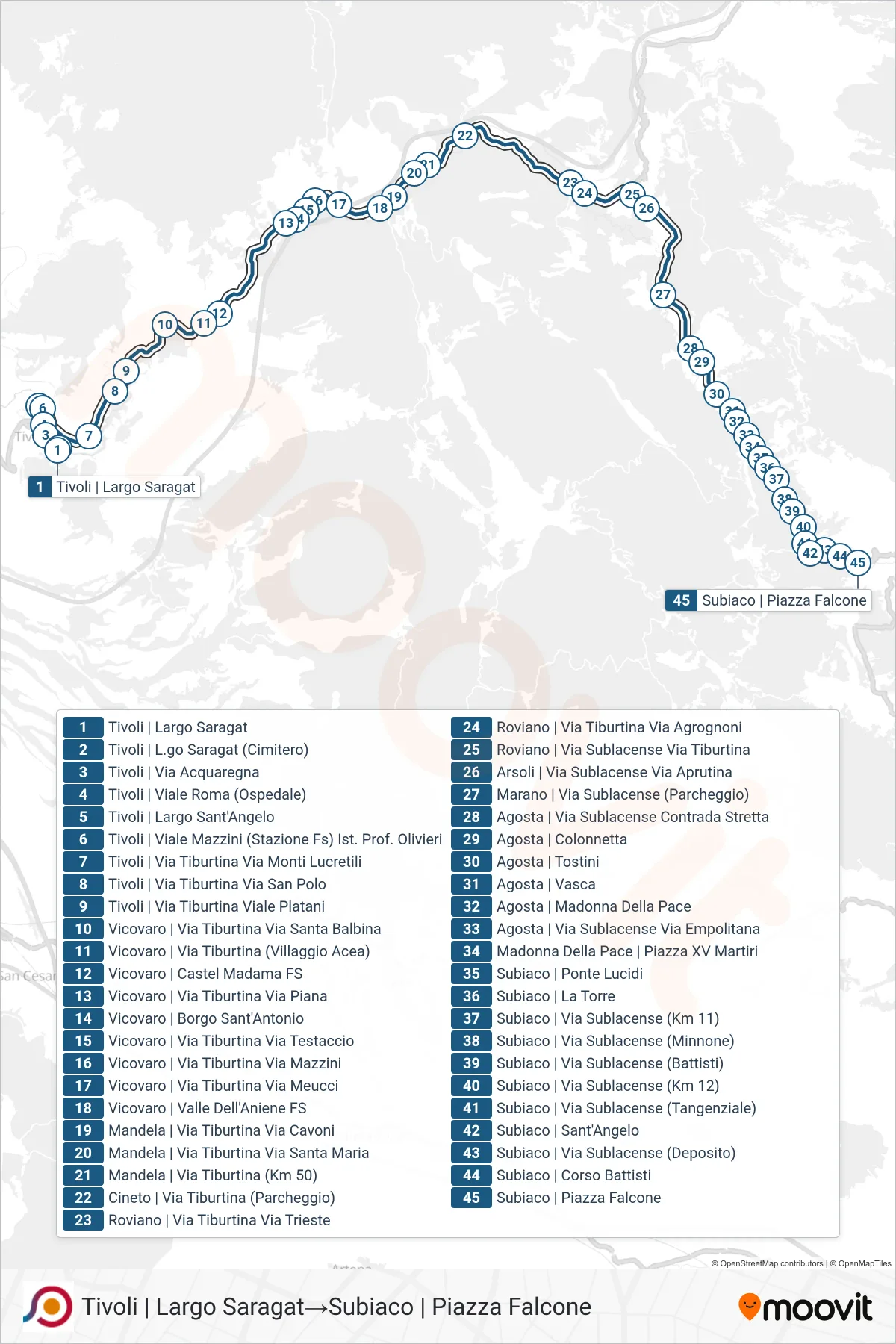 Linea COTRAL bus (Tivoli | Largo Saragat→Subiaco | Piazza Falcone) - Percorsi e fermate sulla mappa