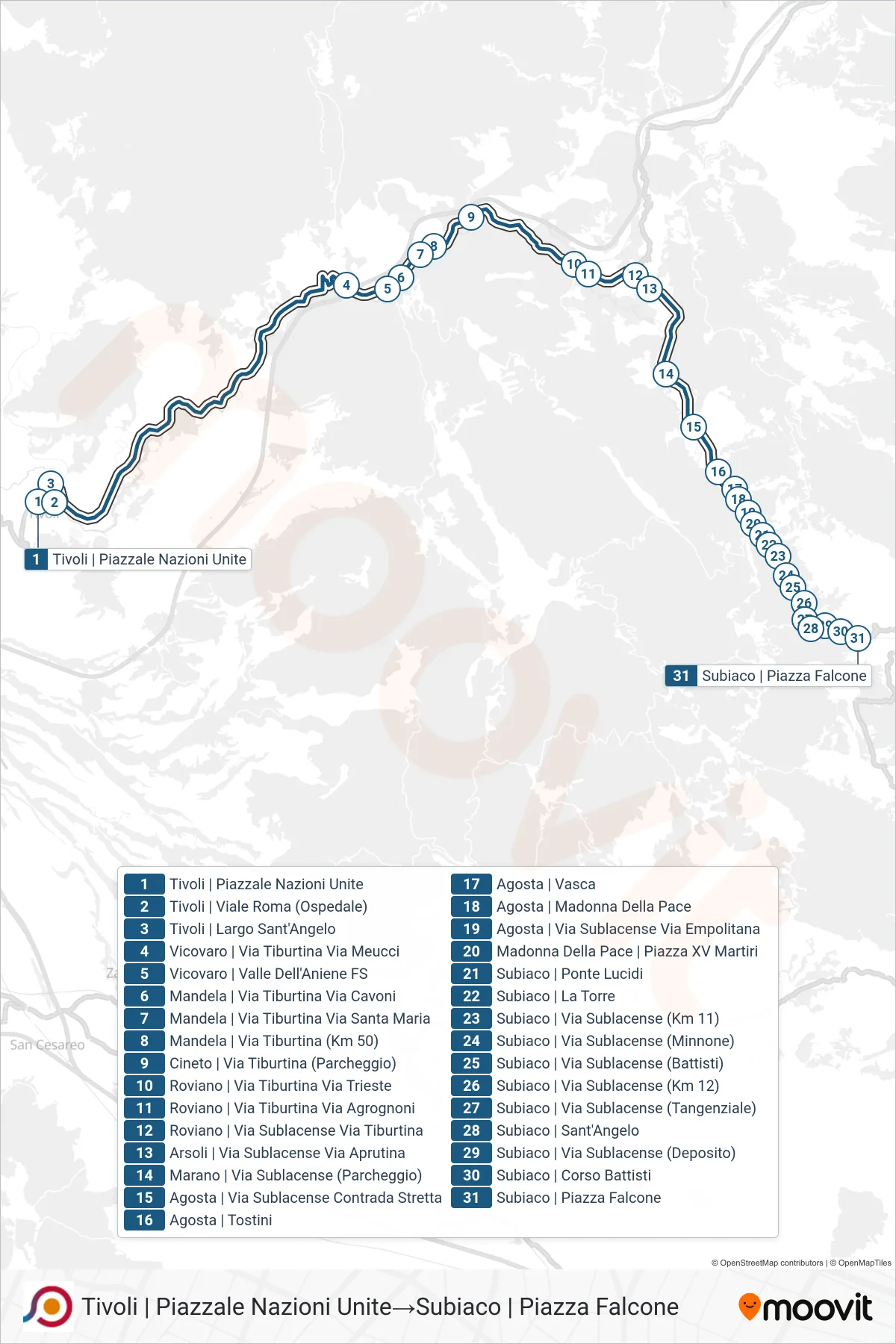 Linea COTRAL bus (Tivoli | Piazzale Nazioni Unite→Subiaco | Piazza Falcone) - Percorsi e fermate sulla mappa