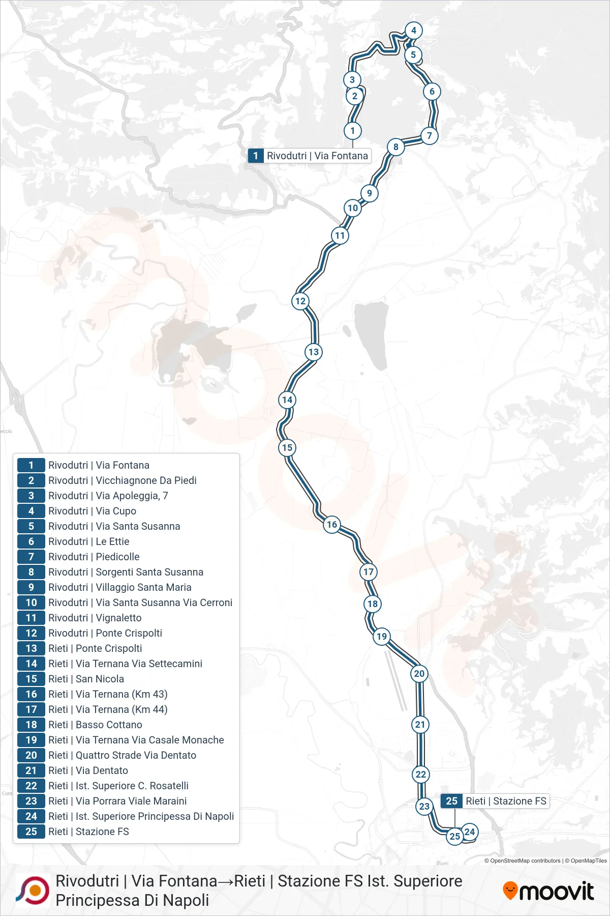 Linea COTRAL bus (Rivodutri | Via Fontana→Rieti | Stazione FS Ist. Superiore Principessa Di Napoli) - Percorsi e fermate sulla mappa