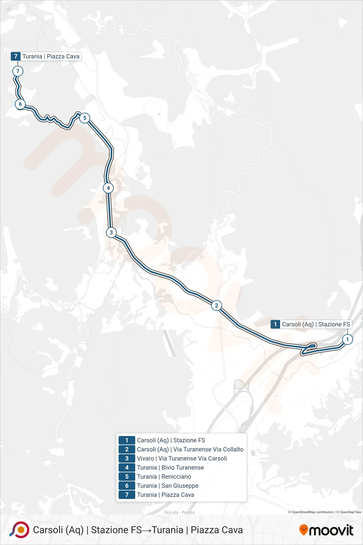 Linea COTRAL  bus (Carsoli (Aq) | Stazione FS‎→Turania | Piazza Cava) - Percorsi e fermate sulla mappa