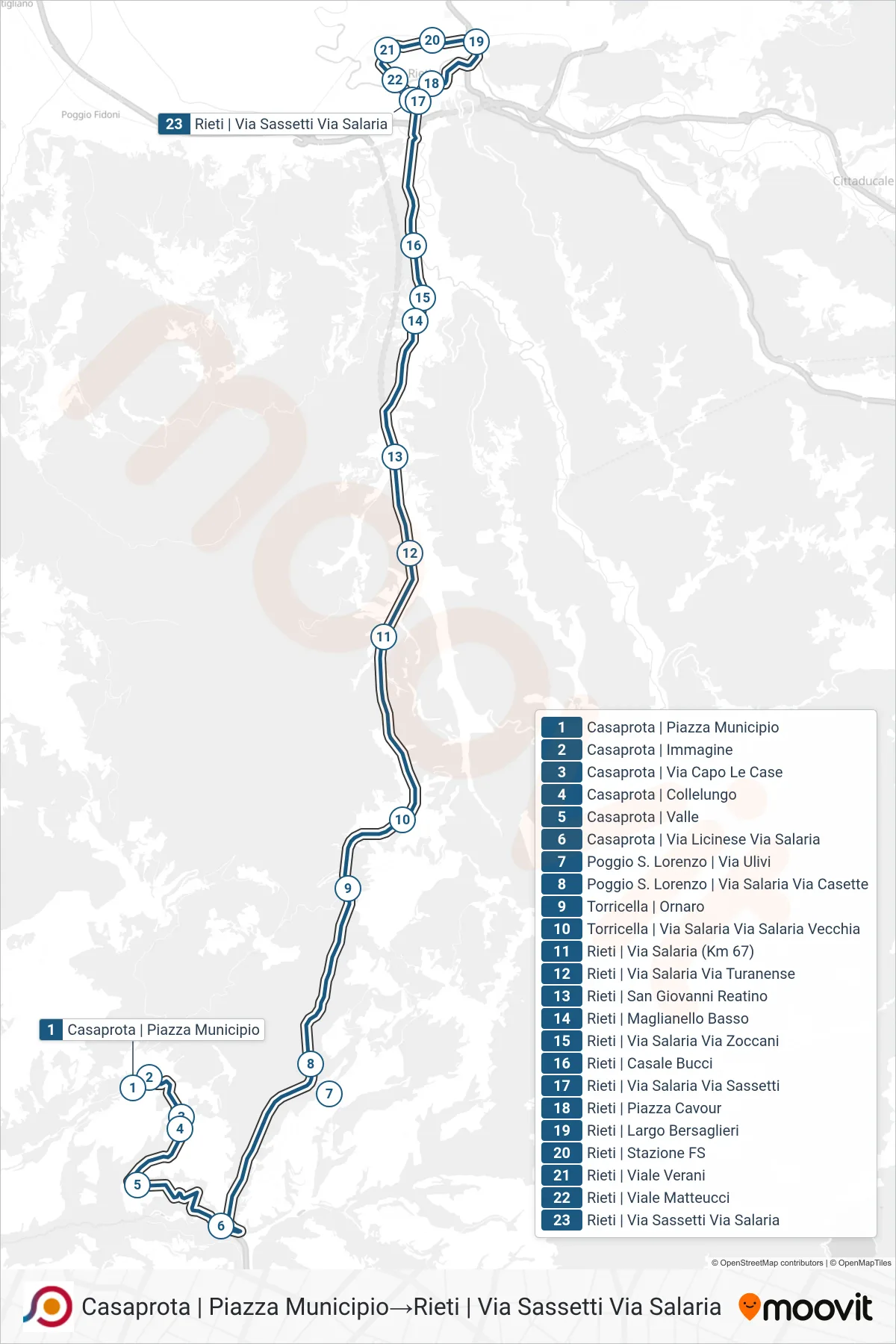 Linea COTRAL bus (Casaprota | Piazza Municipio→Rieti | Via Sassetti Via Salaria) - Percorsi e fermate sulla mappa