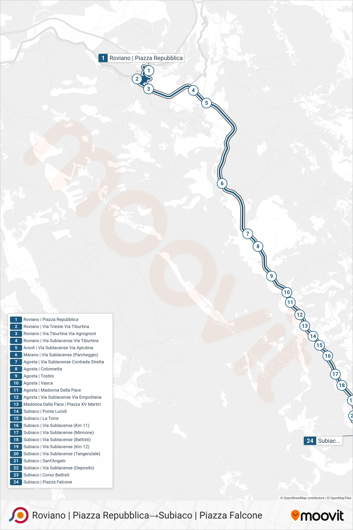 Linea COTRAL bus (Roviano | Piazza Repubblica→Subiaco | Piazza Falcone) - Percorsi e fermate sulla mappa