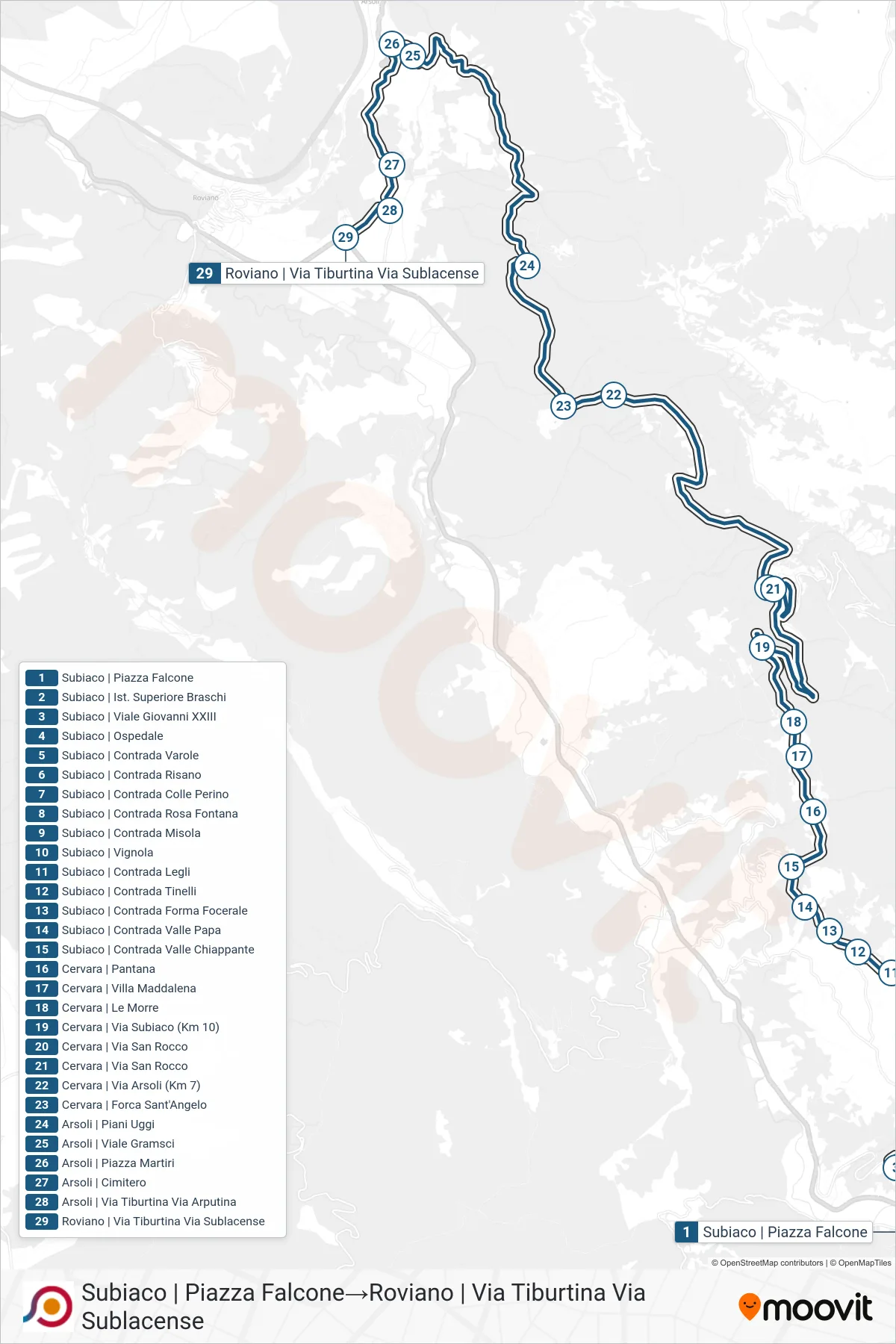 Linea COTRAL bus (Subiaco | Piazza Falcone→Roviano | Via Tiburtina Via Sublacense) - Percorsi e fermate sulla mappa