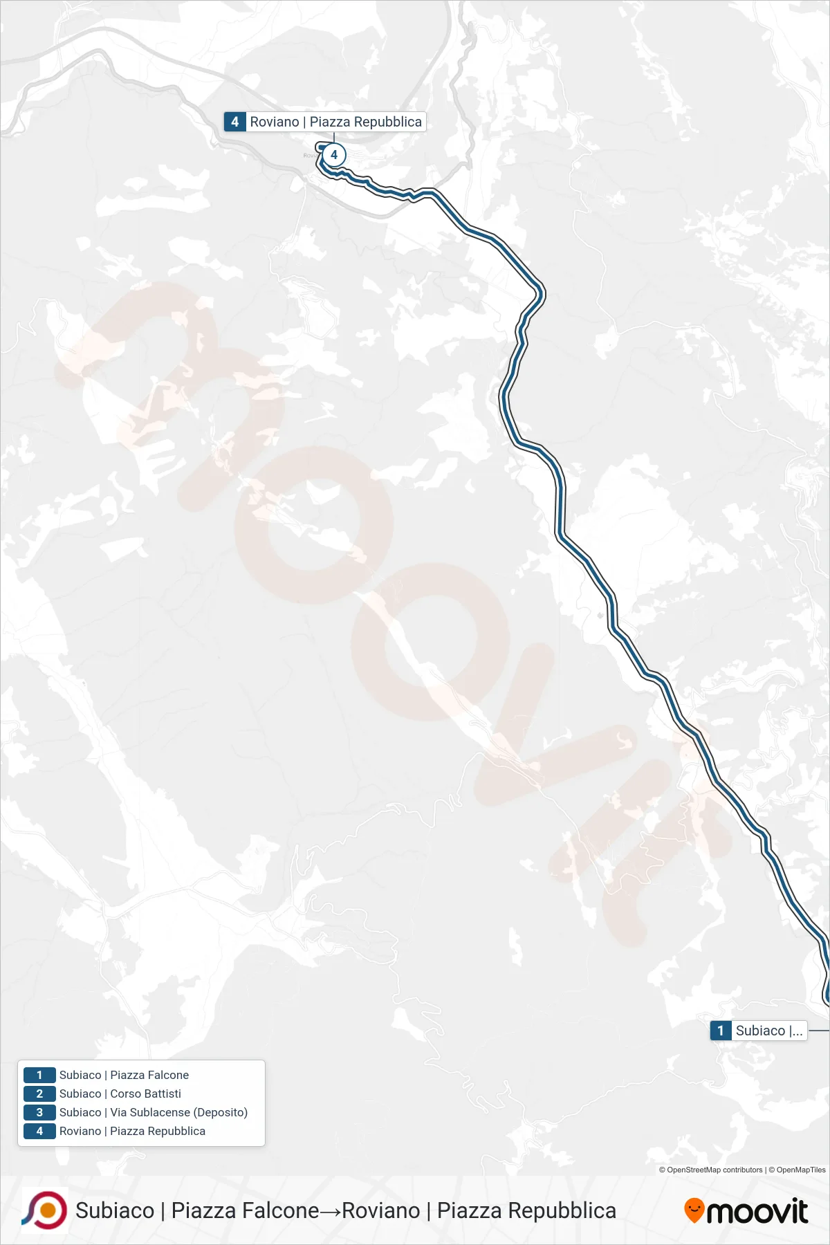 Linea COTRAL bus (Subiaco | Piazza Falcone→Roviano | Piazza Repubblica) - Percorsi e fermate sulla mappa