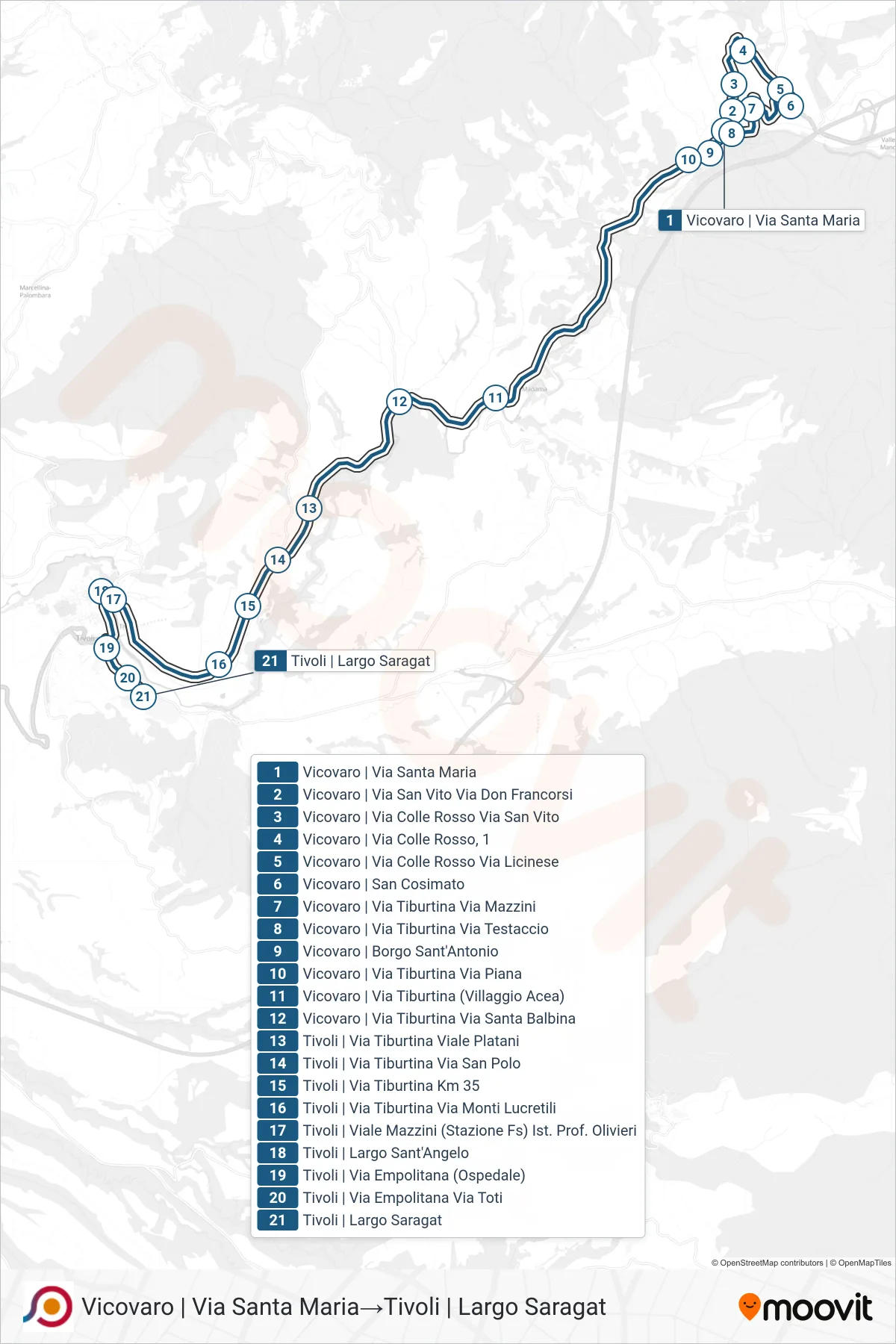 Linea COTRAL bus (Vicovaro | Via Santa Maria→Tivoli | Largo Saragat) - Percorsi e fermate sulla mappa