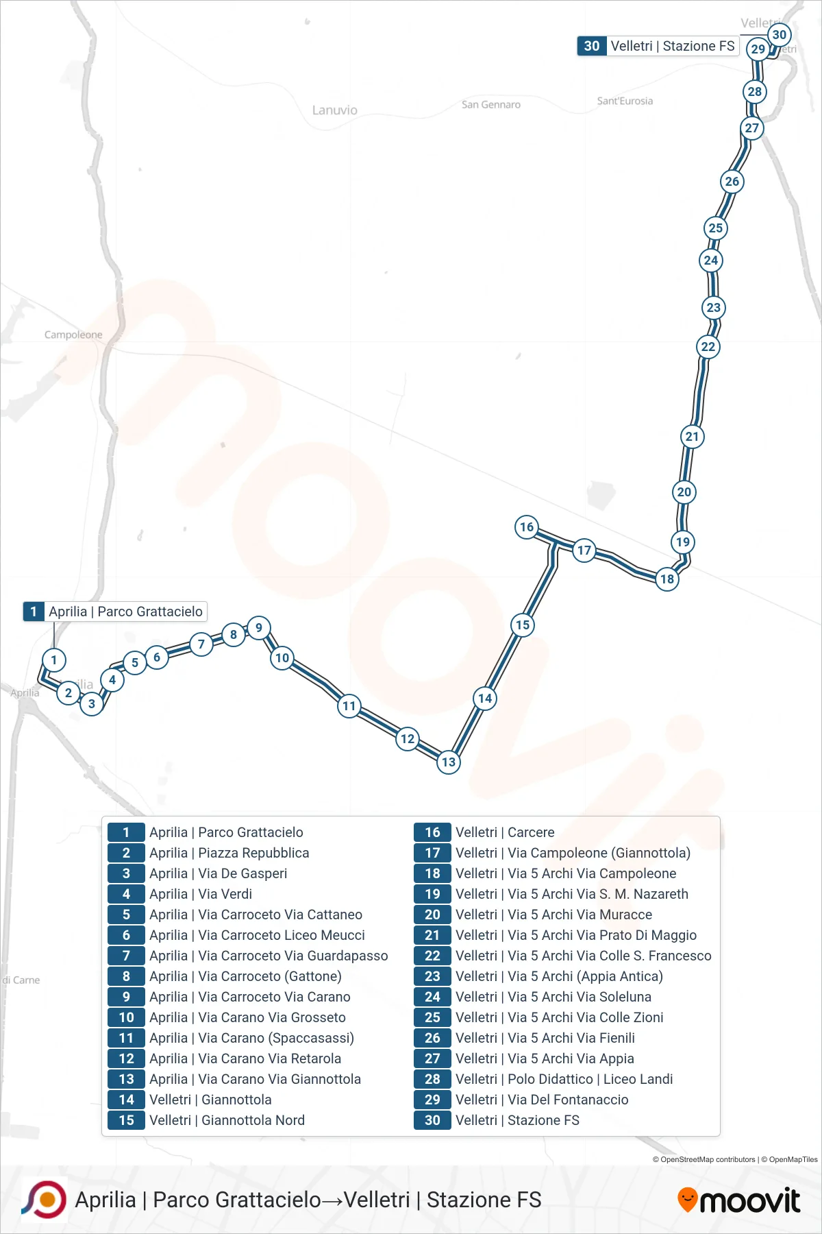 Linea COTRAL bus (Aprilia | Parco Grattacielo→Velletri | Stazione FS) - Percorsi e fermate sulla mappa