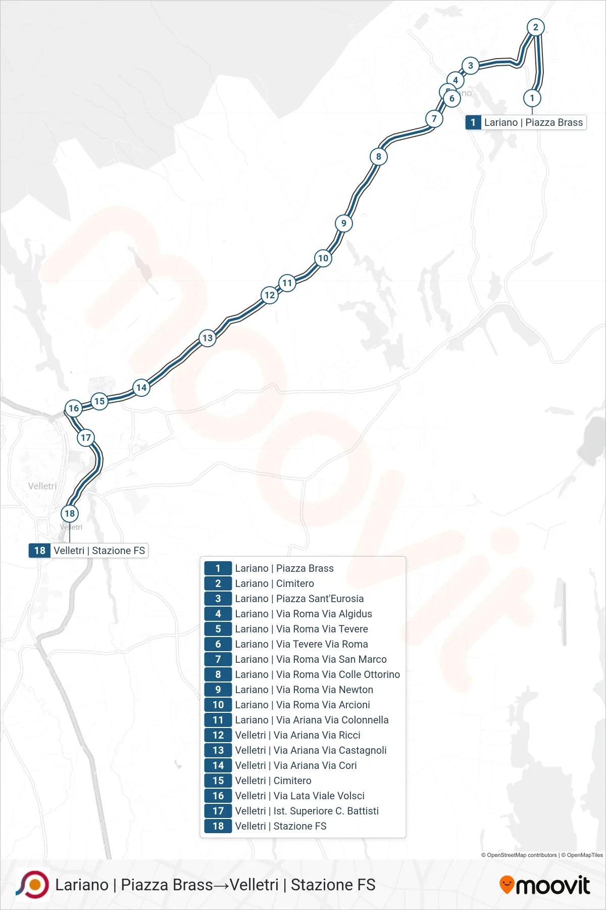 Linea COTRAL bus (Lariano | Piazza Brass→Velletri | Stazione FS) - Percorsi e fermate sulla mappa