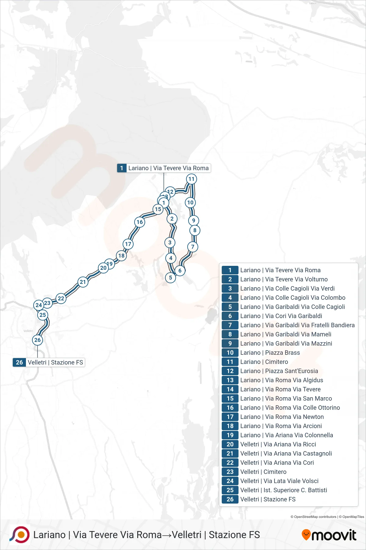 Linea COTRAL bus (Lariano | Via Tevere Via Roma→Velletri | Stazione FS) - Percorsi e fermate sulla mappa