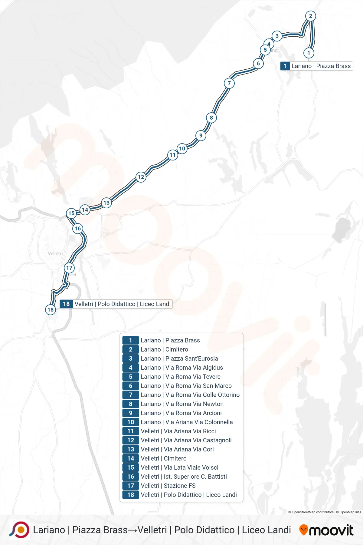Linea COTRAL bus (Lariano | Piazza Brass→Velletri | Polo Didattico | Liceo Landi) - Percorsi e fermate sulla mappa
