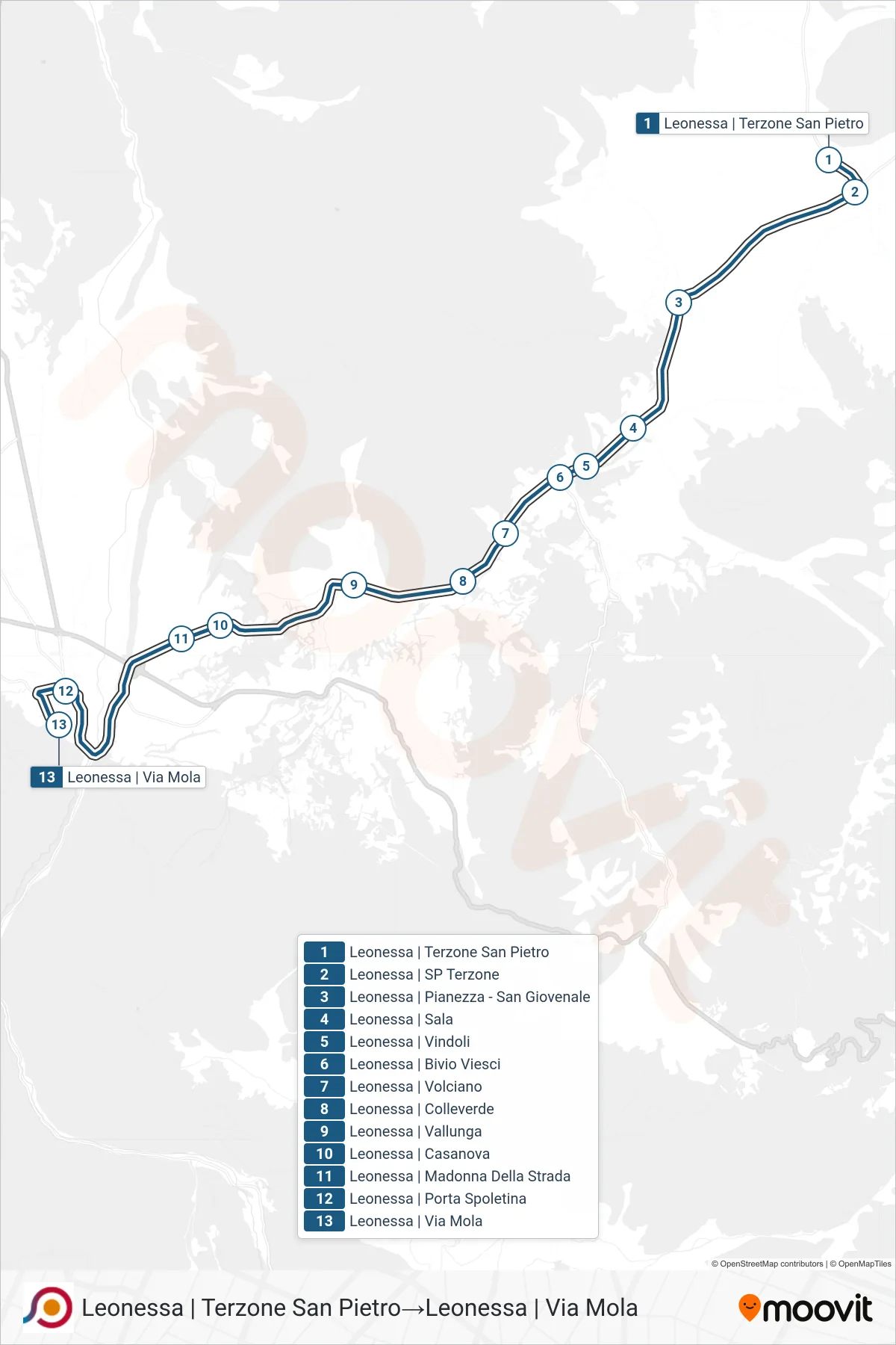 Linea COTRAL bus (Leonessa | Terzone San Pietro→Leonessa | Via Mola) - Percorsi e fermate sulla mappa