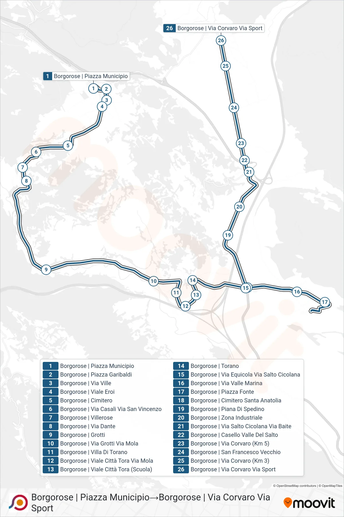 Linea COTRAL bus (Borgorose | Piazza Municipio→Borgorose | Via Corvaro Via Sport) - Percorsi e fermate sulla mappa