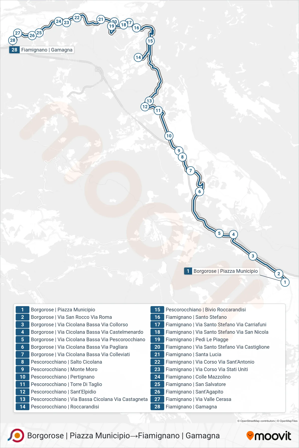 Linea COTRAL bus (Borgorose | Piazza Municipio→Fiamignano | Gamagna) - Percorsi e fermate sulla mappa