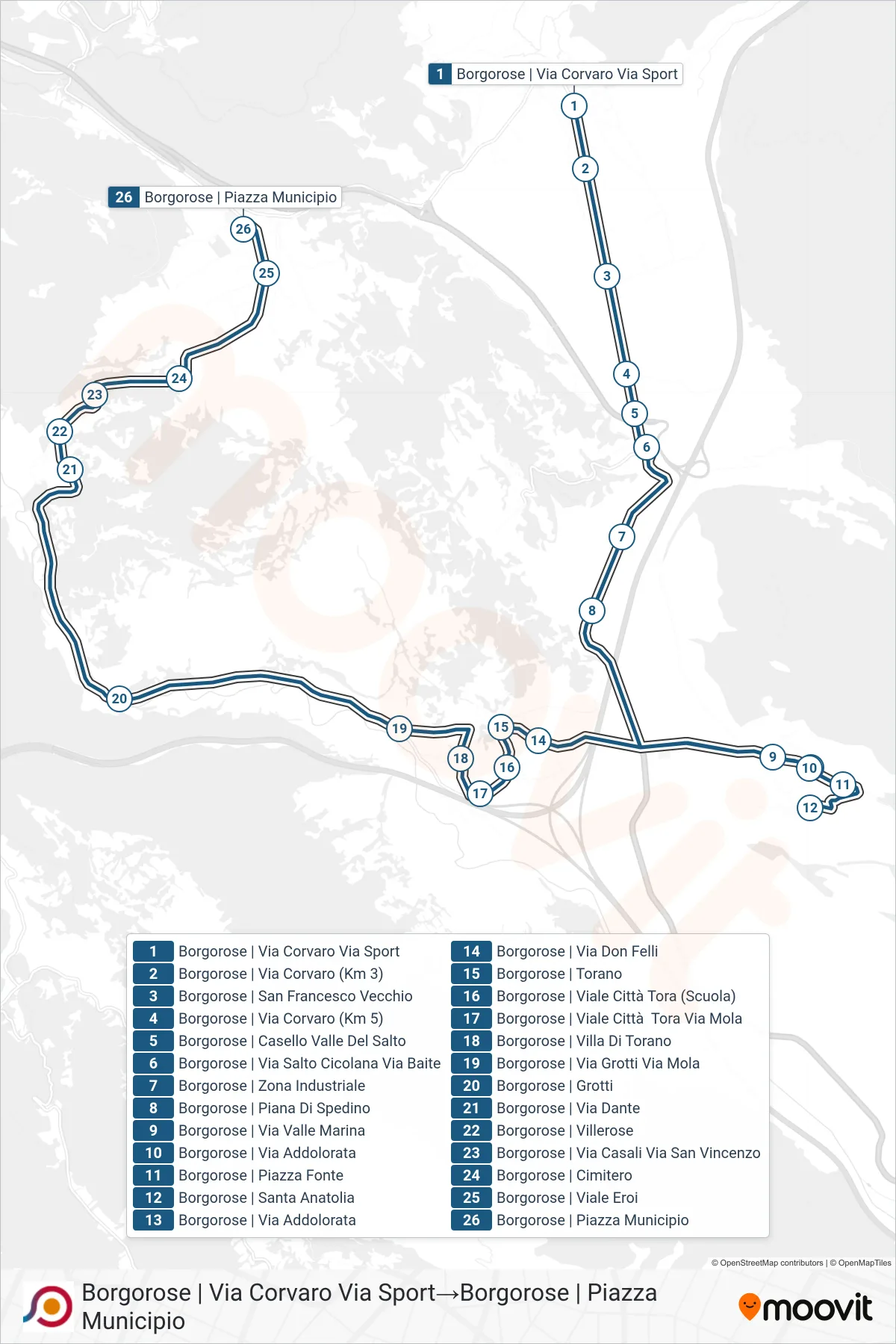 Linea COTRAL bus (Borgorose | Via Corvaro Via Sport→Borgorose | Piazza Municipio) - Percorsi e fermate sulla mappa