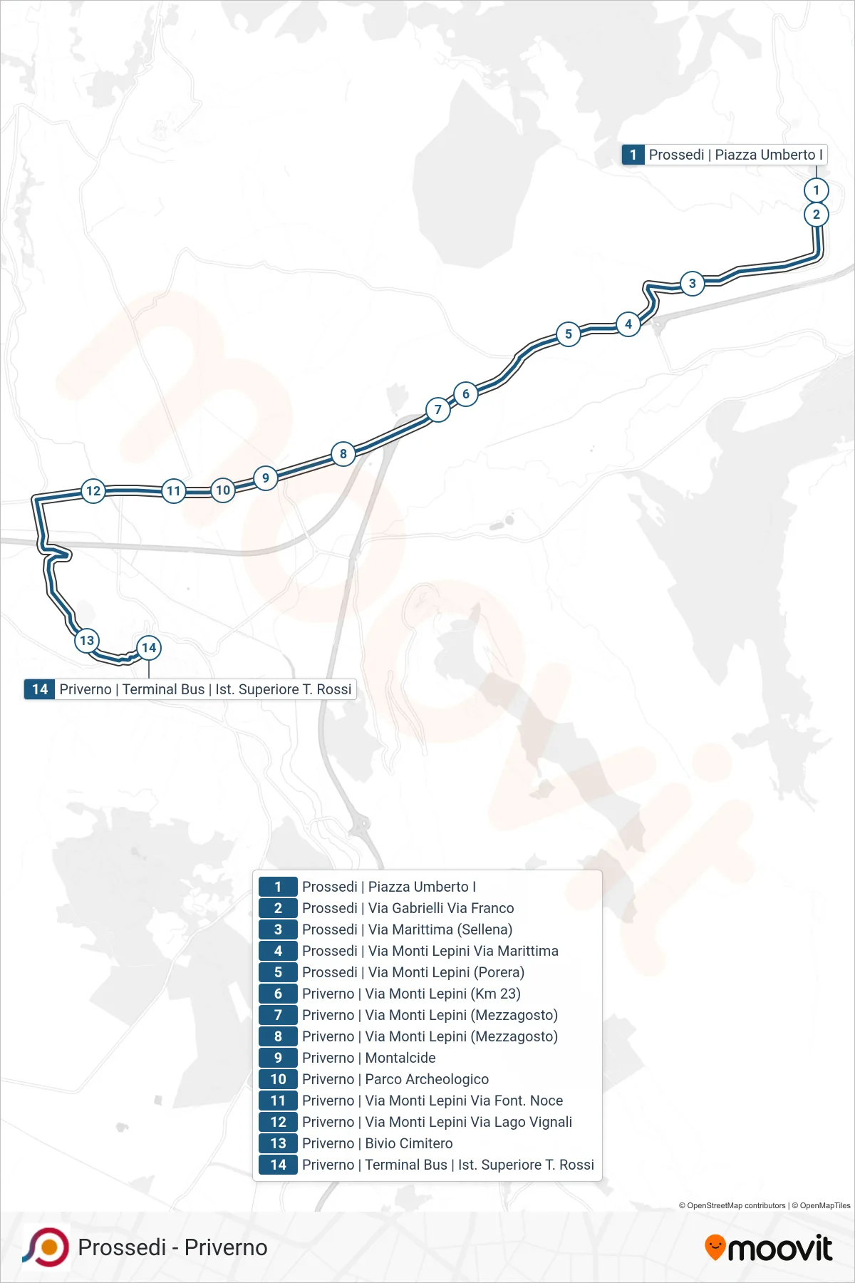 Linea COTRAL bus (Prossedi | Piazza Umberto I→Priverno | Terminal Bus | Ist. Superiore T. Rossi) - Percorsi e fermate sulla mappa
